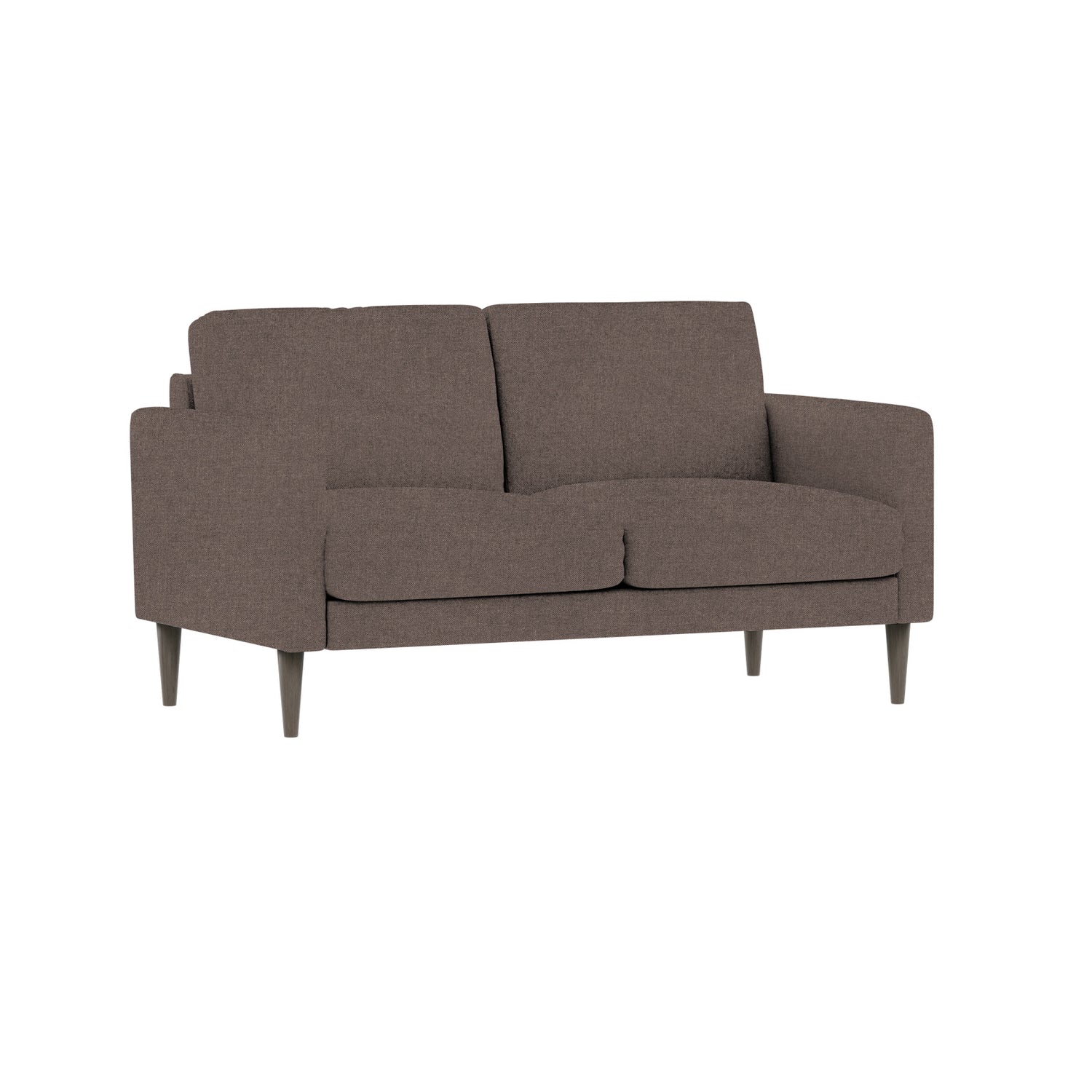 Ilona 2-istuttava sohva vaaleanruskealla Barcelona 40 -kankaalla ja wengen värisillä 18 cm korkeilla pyöreäkartiojaloilla. Kuvan sohvassa on 10 cm leveät KN10-käsinojat.