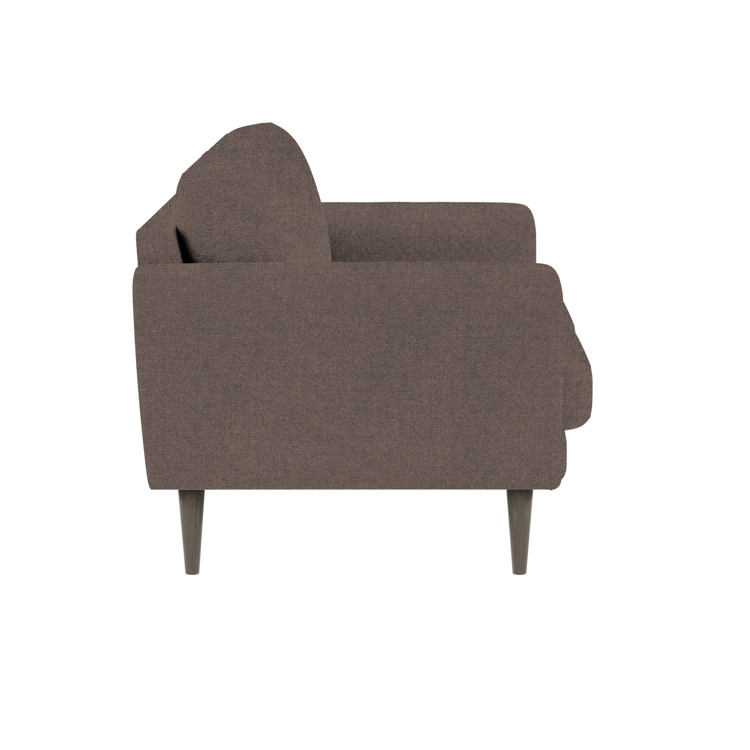 Ilona 2-istuttava sohva vaaleanruskealla Barcelona 40 -kankaalla ja wengen värisillä 18 cm korkeilla pyöreäkartiojaloilla. Kuvan sohvassa on 10 cm leveät KN10-käsinojat.