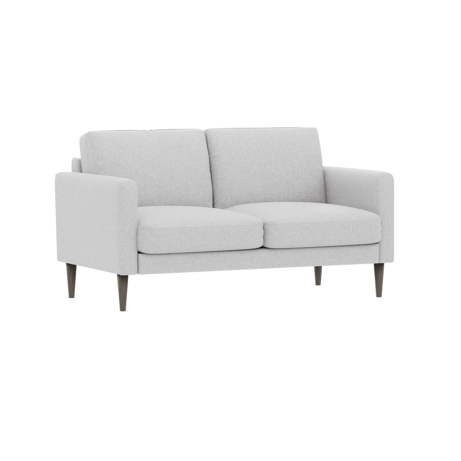 Ilona 2-istuttava sohva hopeanvärisellä Naomi 112 -kankaalla ja wengen värisillä 18 cm korkeilla pyöreäkartiojaloilla. Kuvan sohvassa on 10 cm leveät KN10-käsinojat.