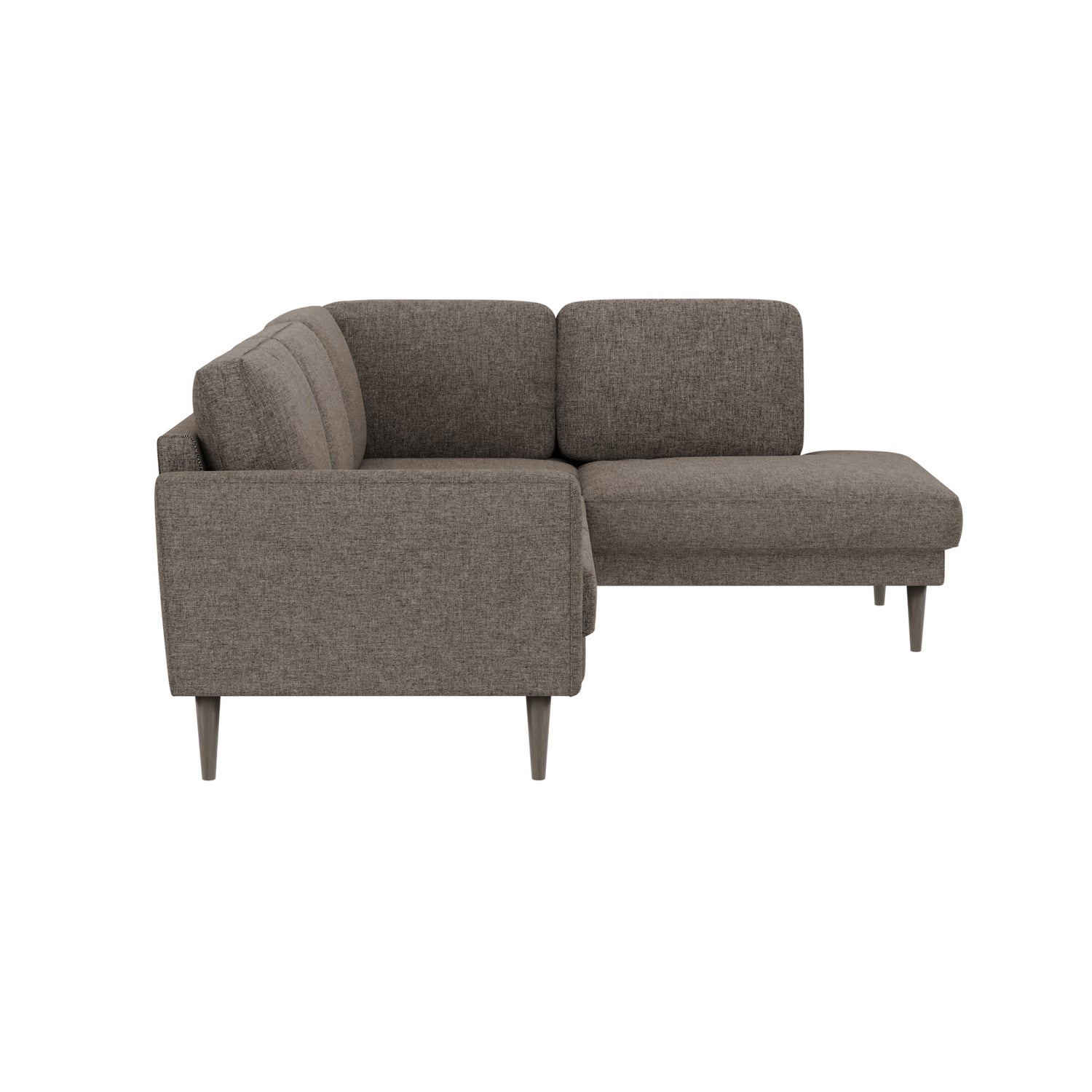 Ilona -kulmadivaanisohva ruskealla AC Laviano 32 -kankaalla ja 18 cm korkeilla wengenvärisillä pyöreäkartio-jaloilla. Kuvan sohvassa on 10 cm leveä KN10-käsinoja.