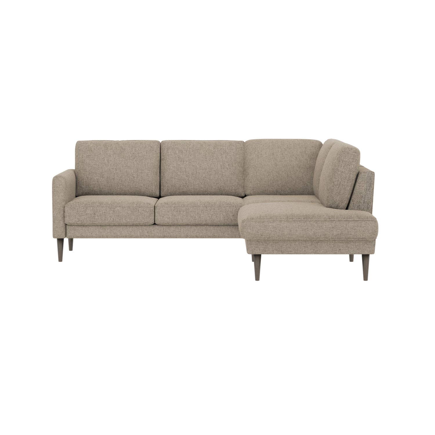 Ilona -kulmadivaanisohva harmaanbeigellä AC Laviano 345 -kankaalla ja 18 cm korkeilla wengenvärisillä pyöreäkartio-jaloilla. Kuvan sohvassa on 10 cm leveä KN10-käsinoja.