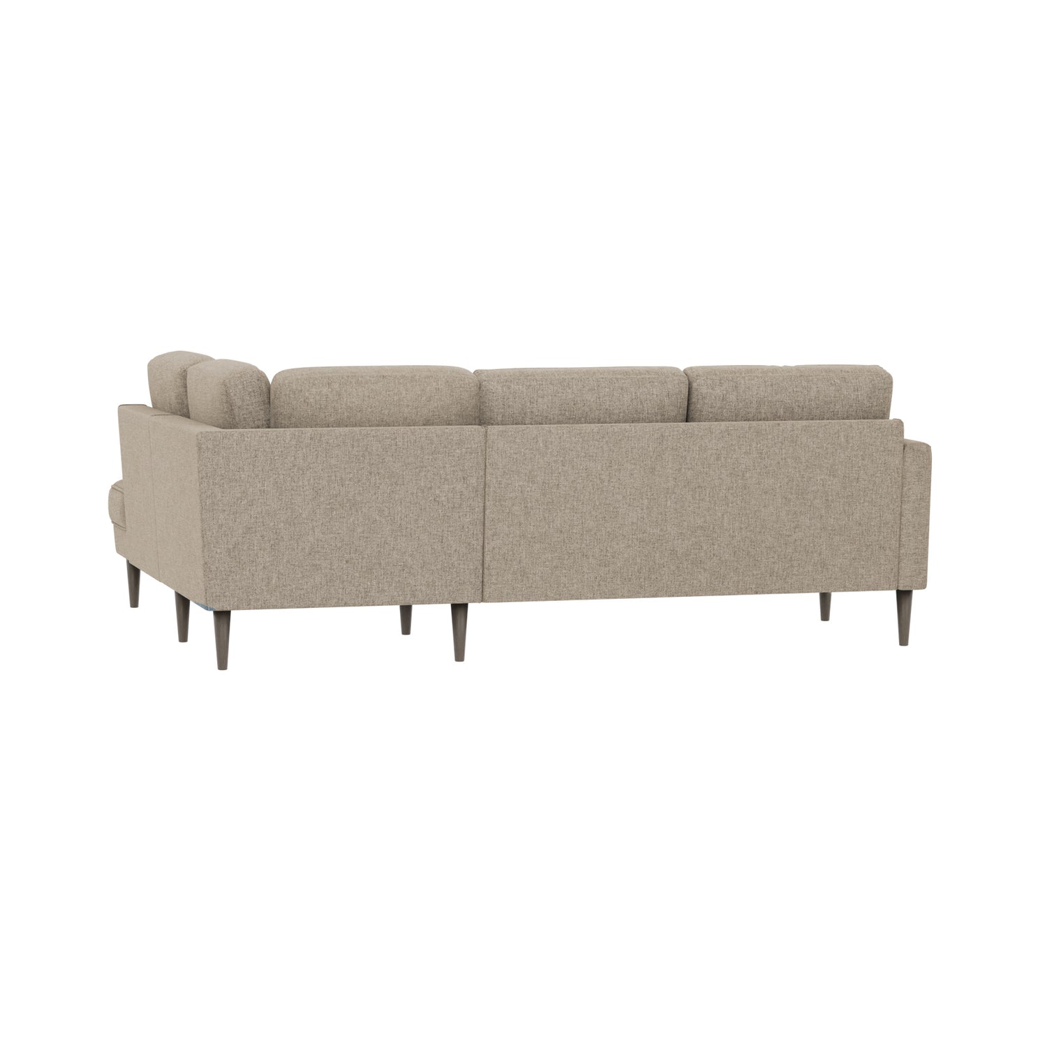 Ilona -kulmadivaanisohva harmaanbeigellä AC Laviano 345 -kankaalla ja 18 cm korkeilla wengenvärisillä pyöreäkartio-jaloilla. Kuvan sohvassa on 10 cm leveä KN10-käsinoja.