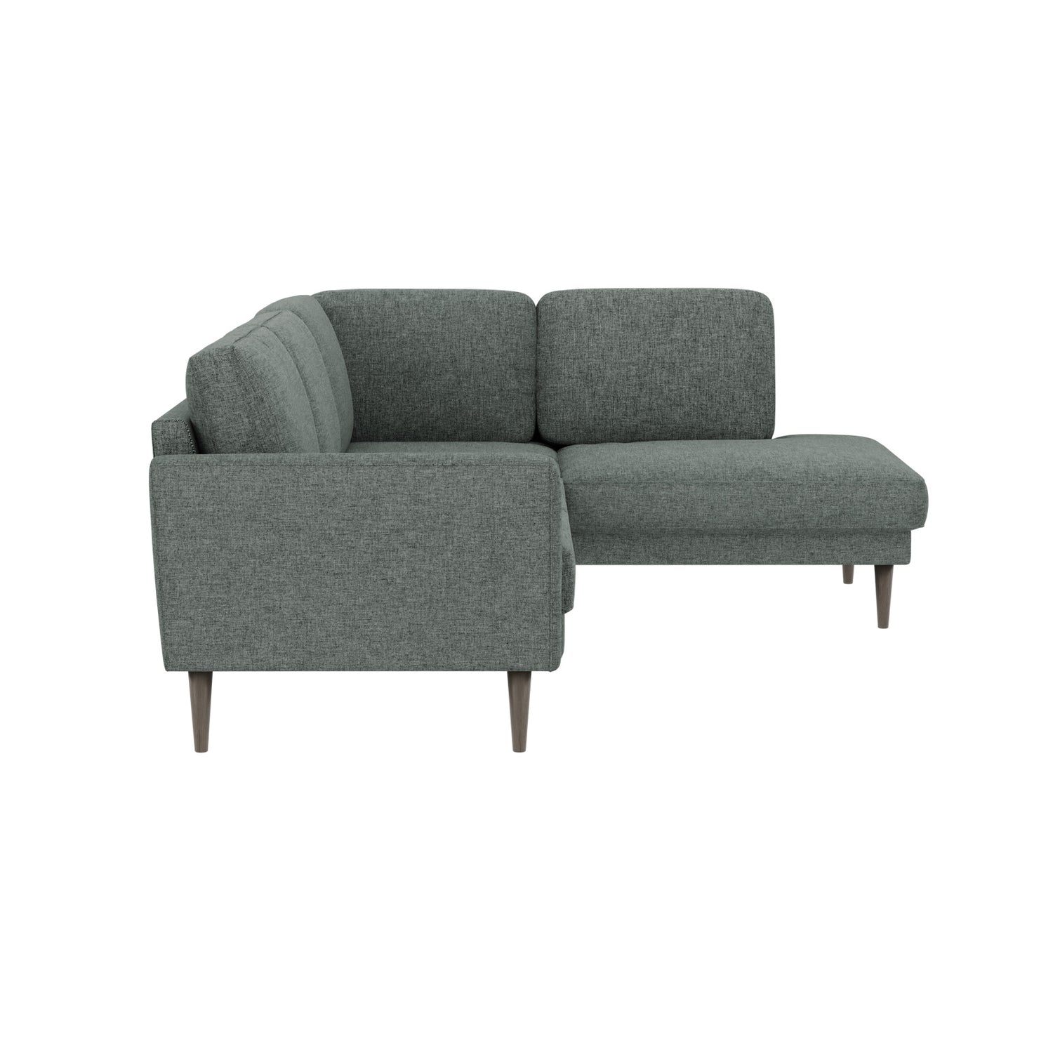 Ilona -kulmadivaanisohva tummanvihreällä AC Laviano 395 -kankaalla ja 18 cm korkeilla wengenvärisillä pyöreäkartio-jaloilla. Kuvan sohvassa on 10 cm leveä KN10-käsinoja.