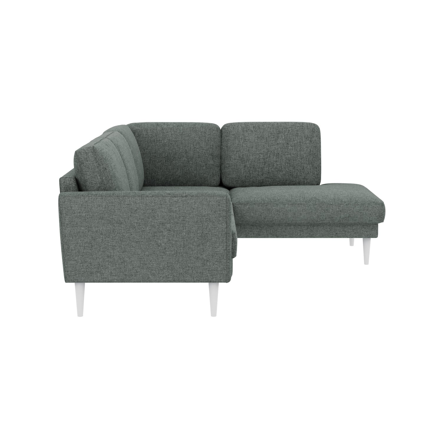 Ilona -kulmadivaanisohva tummanvihreällä AC Laviano 395 -kankaalla ja 18 cm korkeilla valkoisilla pyöreäkartio-jaloilla. Kuvan sohvassa on 10 cm leveä KN10-käsinoja.