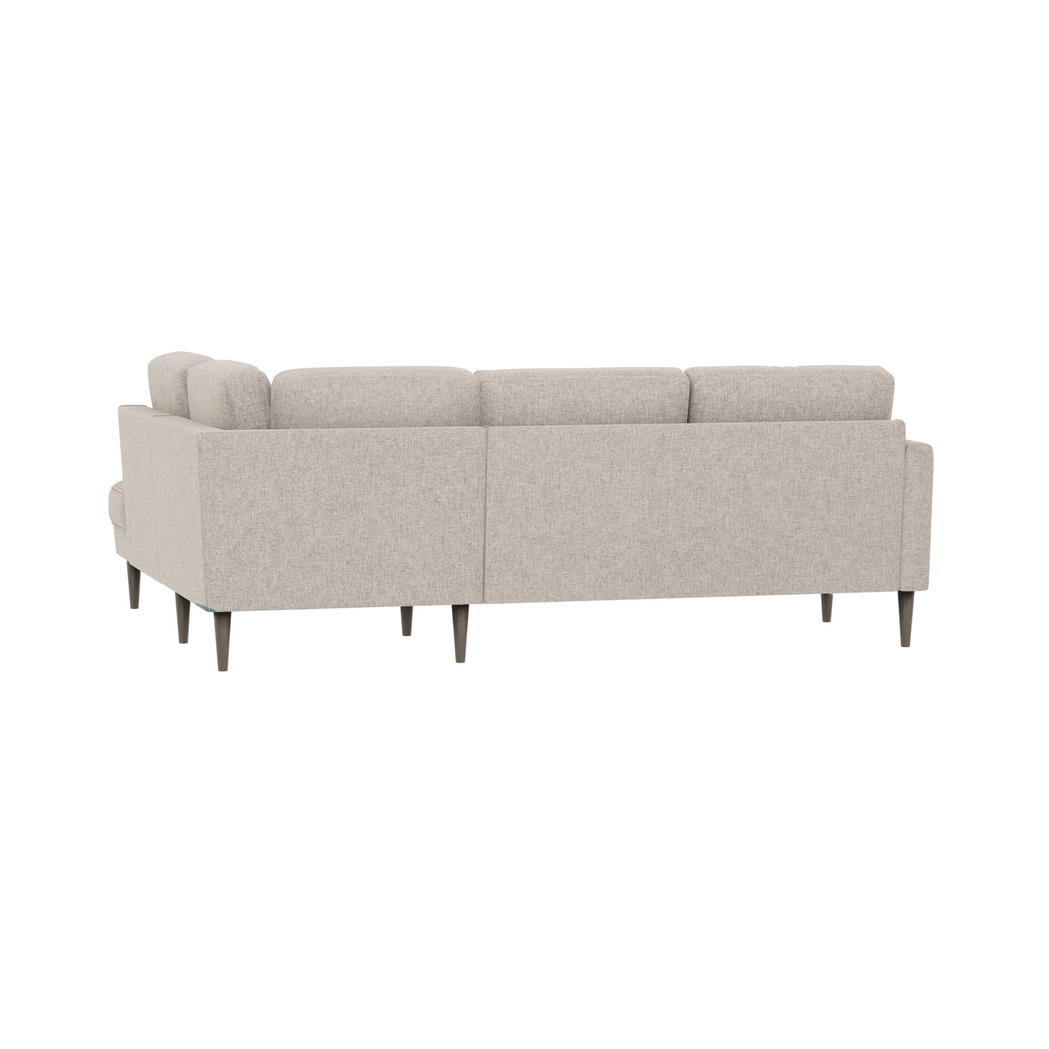 Ilona -kulmadivaanisohva beigellä AC Laviano 80 -kankaalla ja 18 cm korkeilla wengenvärisillä pyöreäkartio-jaloilla. Kuvan sohvassa on 10 cm leveä KN10-käsinoja.