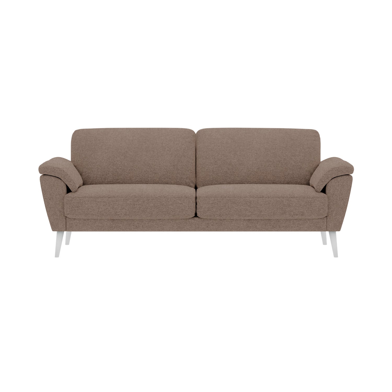 Ilona-sohva tumman beigenvärisellä Barcelona 30 -kankaalla ja valkoisilla 18 cm korkeilla vinoilla pyöreäkartiojaloilla. Kuvan sohvassa on 17 cm leveät KNT-käsinojat.