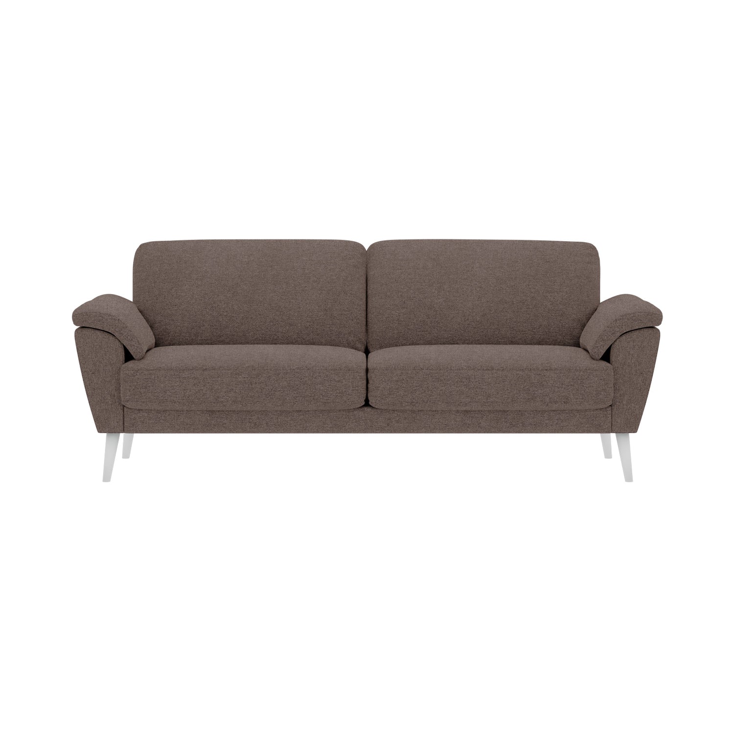 Ilona-sohva vaaleanruskealla Barcelona 40 -kankaalla ja valkoisilla 18 cm korkeilla vinoilla pyöreäkartiojaloilla. Kuvan sohvassa on 17 cm leveät KNT-käsinojat.