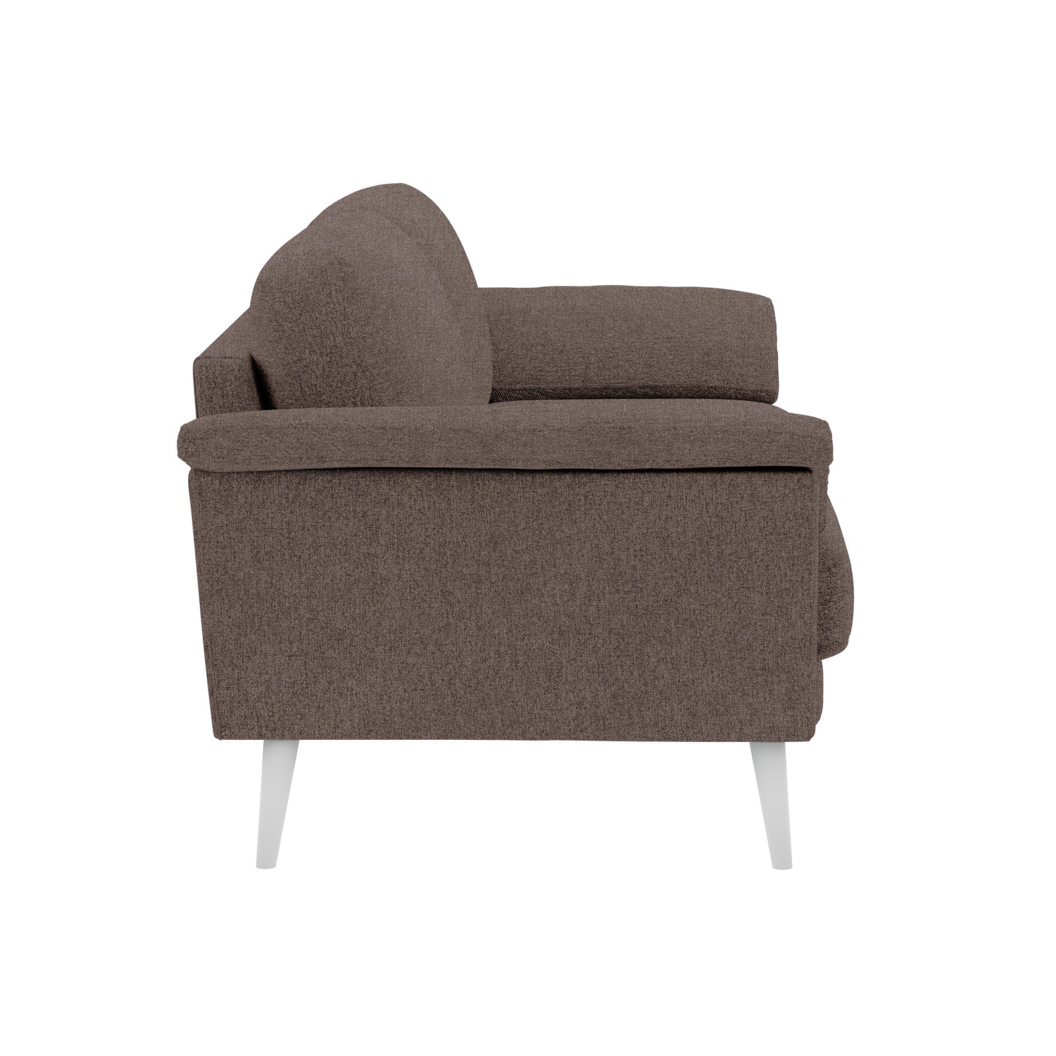 Ilona-sohva vaaleanruskealla Barcelona 40 -kankaalla ja valkoisilla 18 cm korkeilla vinoilla pyöreäkartiojaloilla. Kuvan sohvassa on 17 cm leveät KNT-käsinojat.