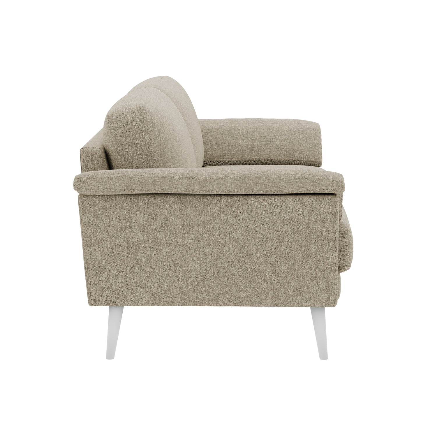 Ilona-sohva hiekanvärisellä AC Naomi 430 -kankaalla ja valkoisilla 18 cm korkeilla vinoilla pyöreäkartiojaloilla. Kuvan sohvassa on 17 cm leveät KNT-käsinojat.