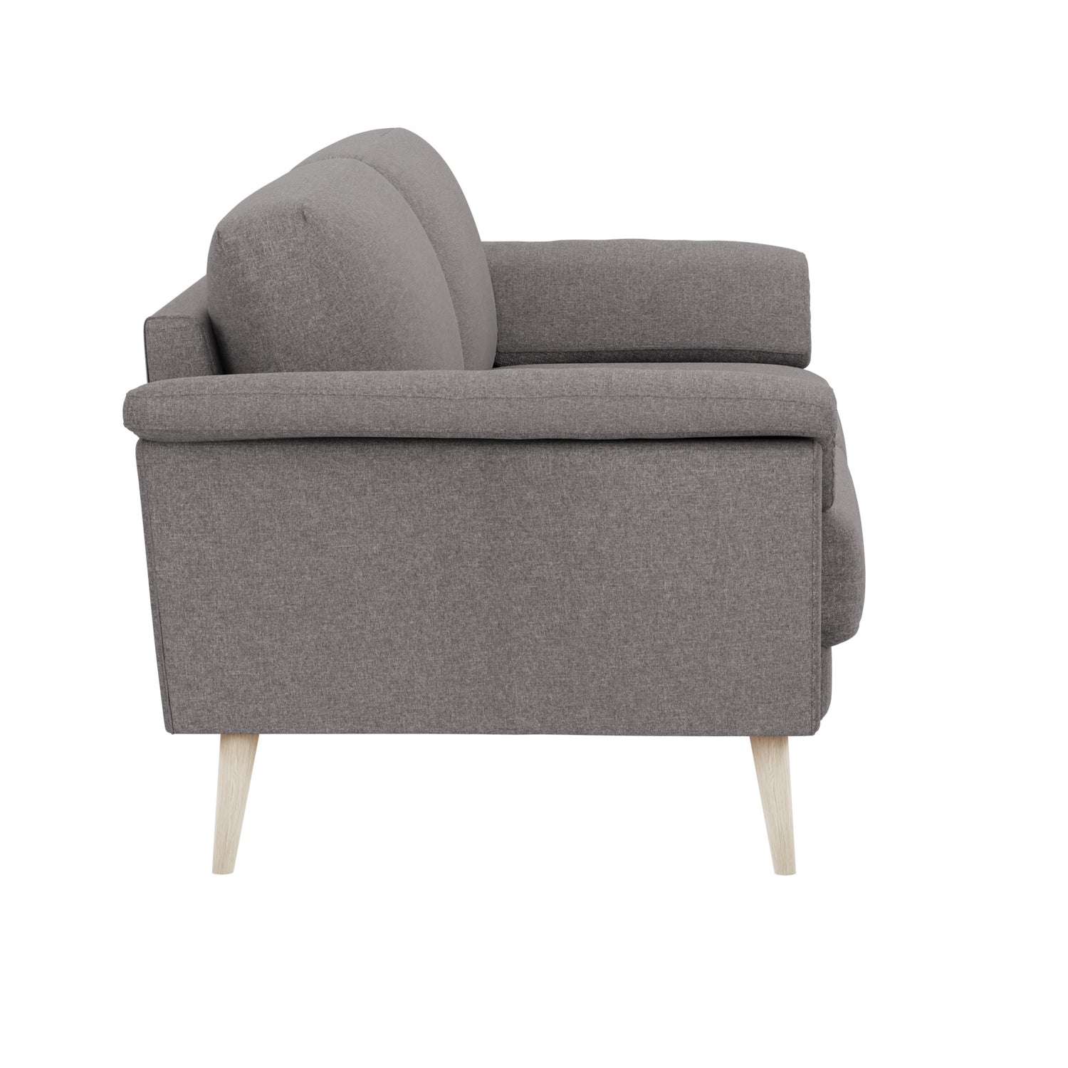 Ilona-sohva harmaalla AC Otaru 213 -kankaalla ja luonnonvärisillä 18 cm korkeilla vinoilla pyöreäkartiojaloilla. Kuvan sohvassa on 17 cm leveät KNT-käsinojat.