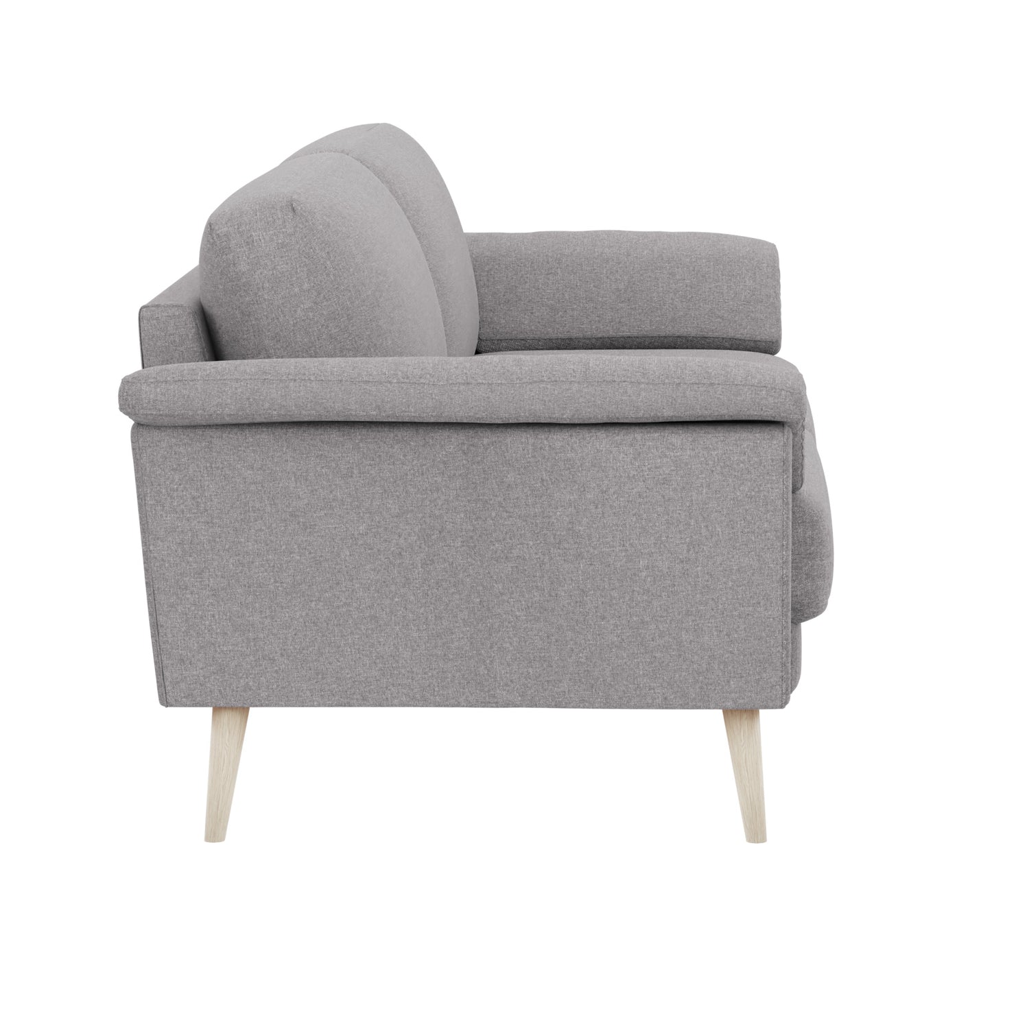 3-istuttava Ilona-sohva leveillä tyynyillä ja vaaleanharmaalla Otaru 300 -kangasverhoilulla. Kuvan sohvassa on 20 cm leveät KN20-käsinojat ja 18 cm korkeat puiset valkoiset pyöreäkartiojalat.