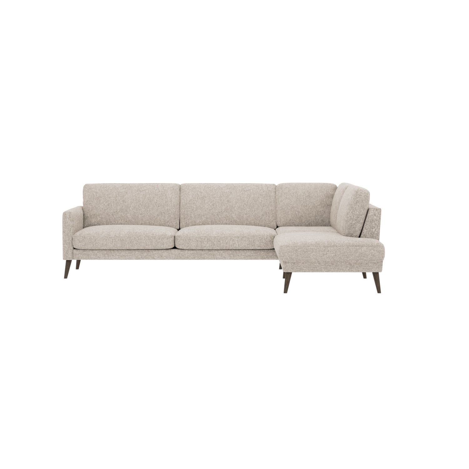Ilona -kulmadivaanisohva vaalean beigellä Laviano 80 -kankaalla ja vinoilla 18 cm korkeilla wengenvärisillä pyöreäkartio-puujaloilla. Kuvan sohvassa on 10 cm leveä KN-käsinoja.