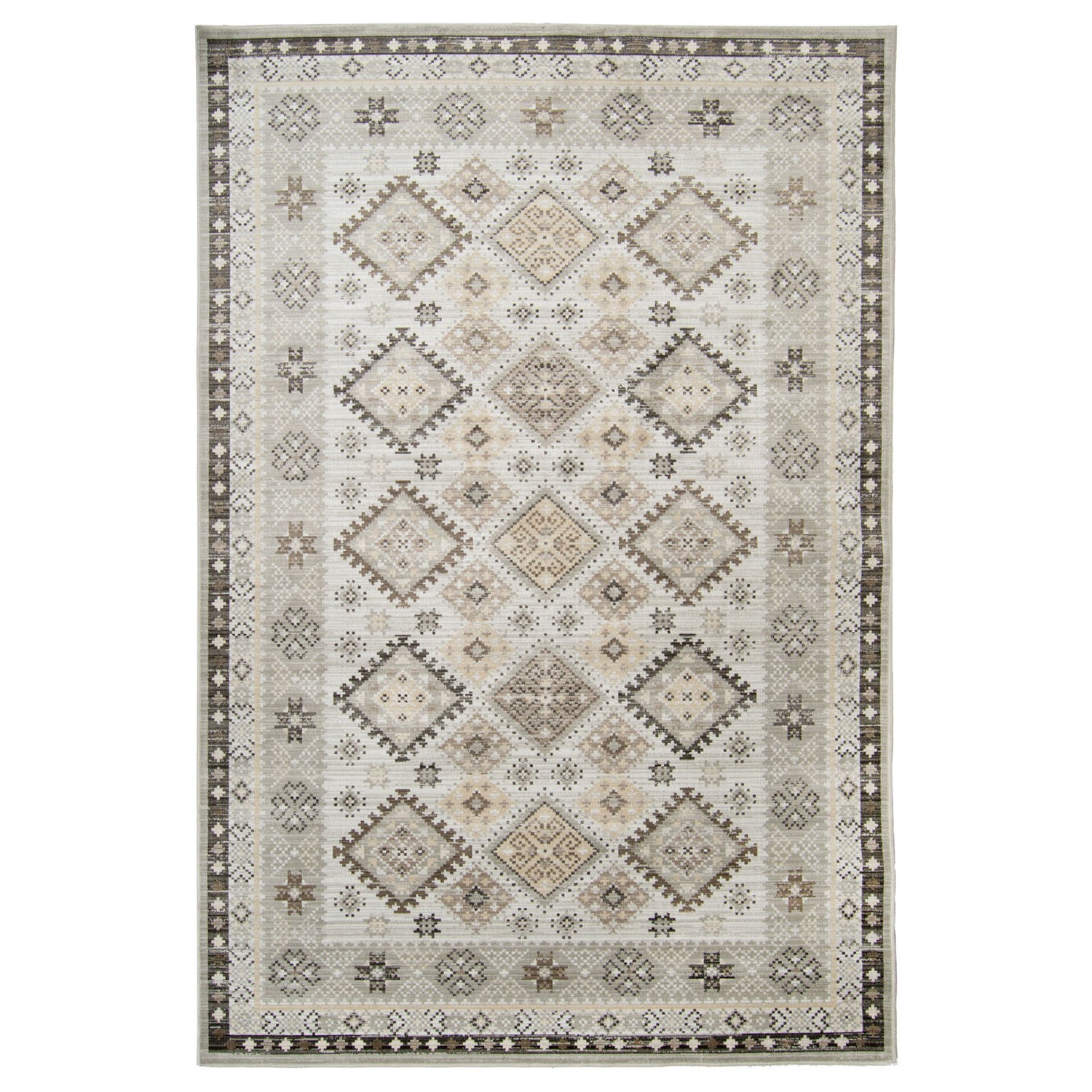 Ismir-viskoosimatossa on graafinen kelim-henkinen, erikokoisista muodoista koostuva kuvio, joka luo matolle rytmikkään mutta tasapainoisen ilmeen. Matossa on luonnolliset sävyt, kuten beige, ruskea ja harmaa.