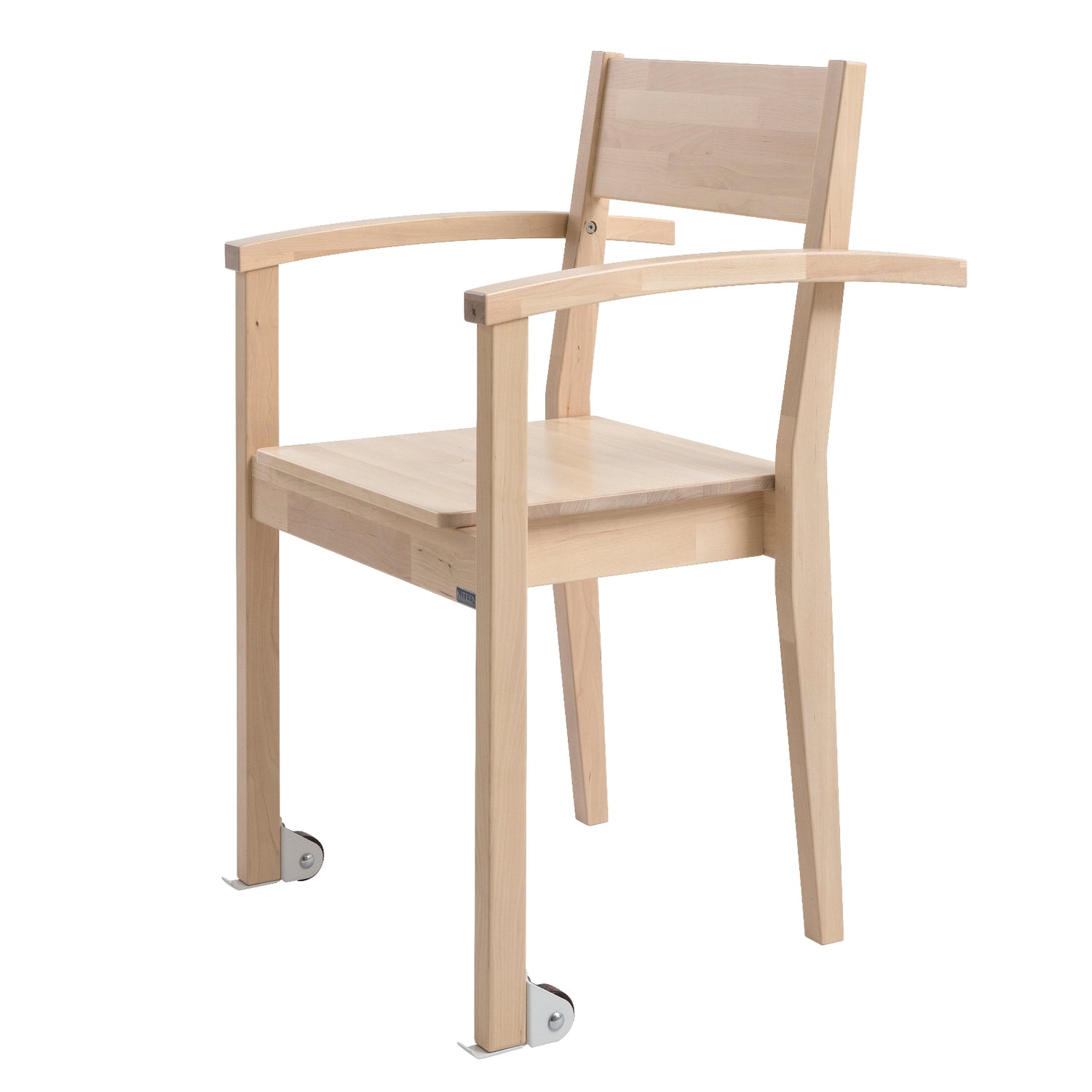 Luonnonvärinen käsinojallinen Joki-tuoli pyörillä ja työntökahvoilla on lakattua koivua.