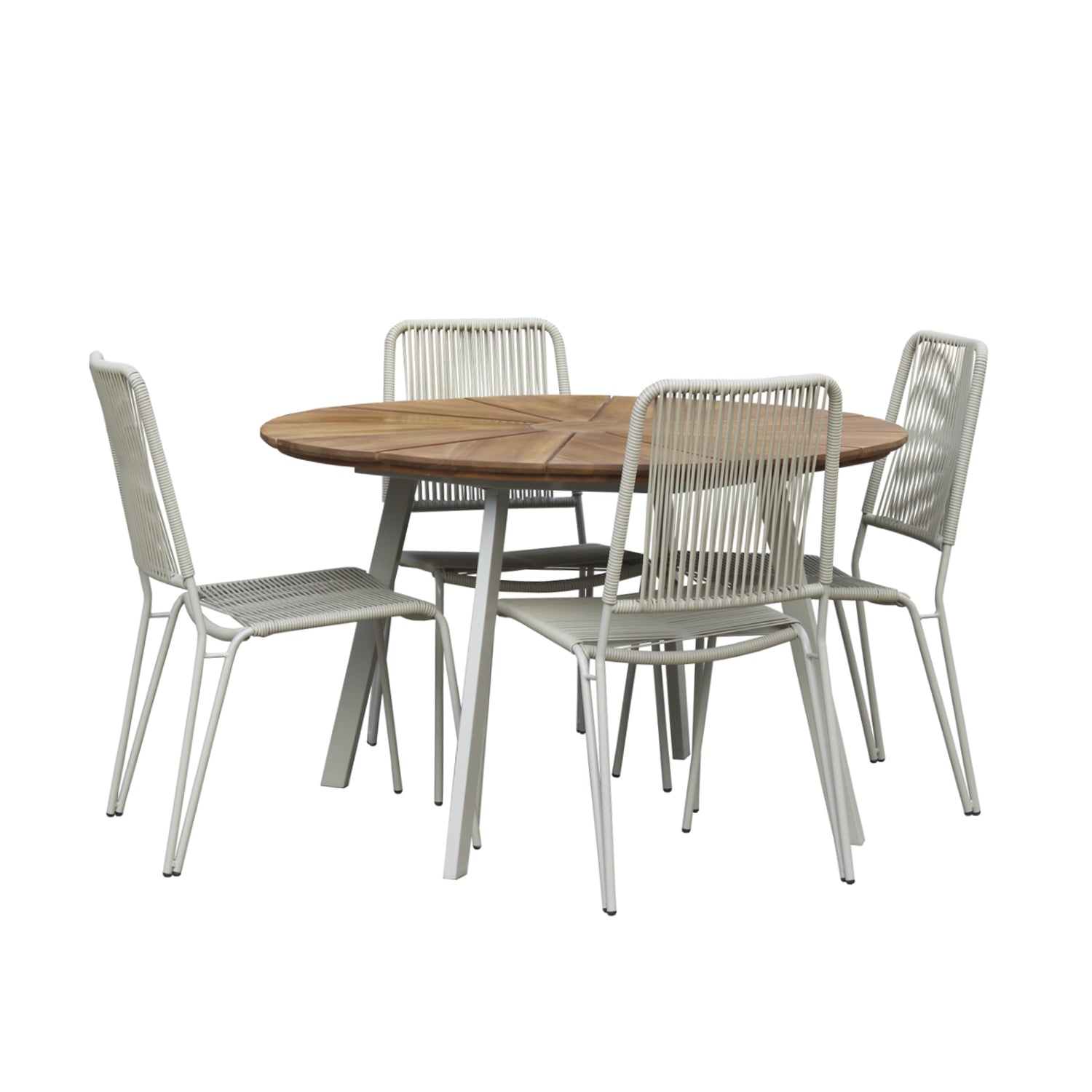 Kesähelmi-ruokapöytä Ø 120 cm 12-osaisella akaasiapuukannella ja beigeillä jaloilla, sekä 4 beigeä Kesähelmi-tuolia.