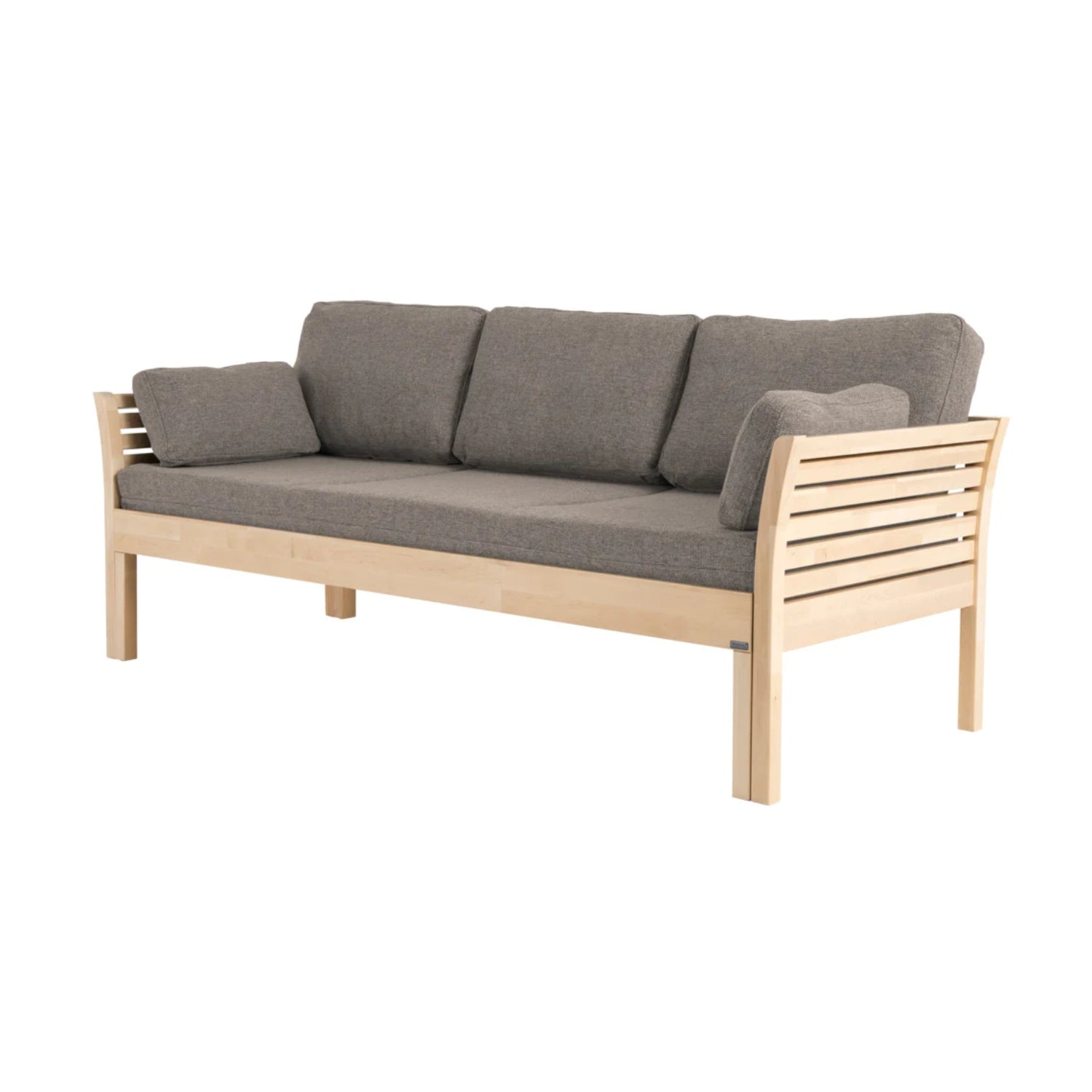 Koivunvärinen Kanerva- puusohva beigen värisellä Levon-taittopatjasarjalla. Patjasarja myydään erikseen.