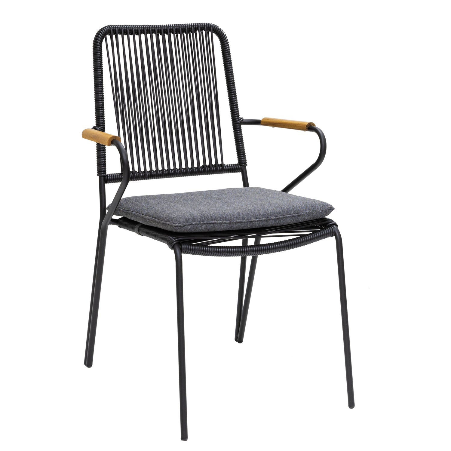 Musta Kesähelmi-tuoli käsinojilla. (Harmaa istuinpehmuste myydään erikseen)