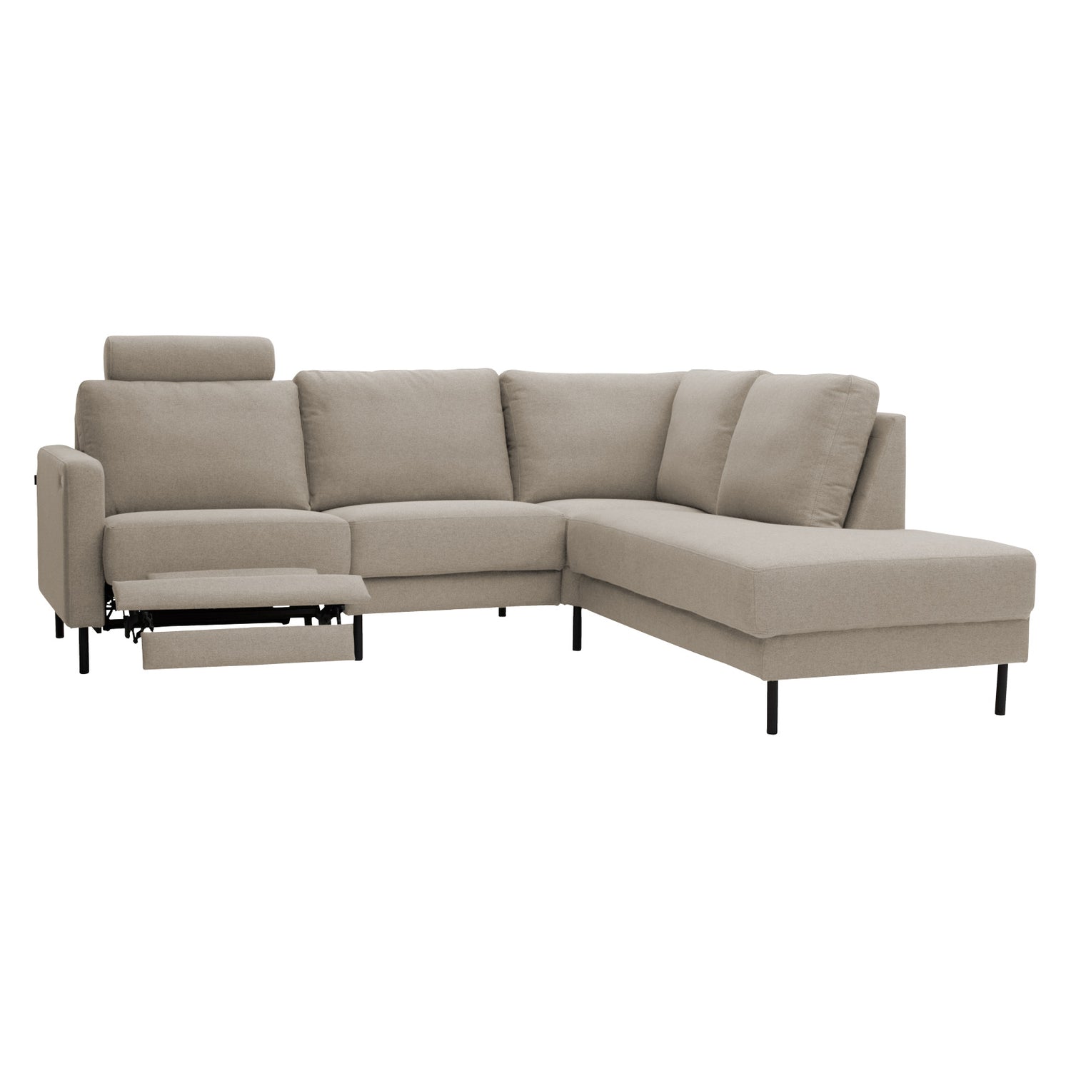 Kuvan Kuura-sohvan vasemmanpuoleisesta recliner-istuimesta jalkarahin saa nostettua ylös ja myös selkänojan laskettua taakse. Kuvan sohvassa on beige Krypto 20 -kangasverhoilu ja oikeanpuoleinen kulmadivaaniosa. Kuvan niskatyyny ei kuulu sohvakokoonpanon hintaan.