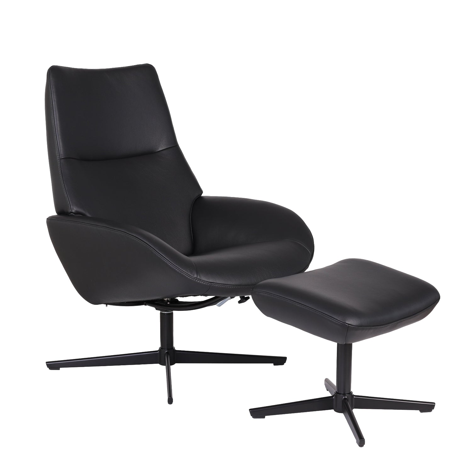 Kokomusta Kebe Lotus -nojatuoli-setti mustalla Balder-nahkaverhoilulla ja Bossa Flat -jalalla. Settiin kuuluu optimaalisena jalkatukena toimiva rahi.