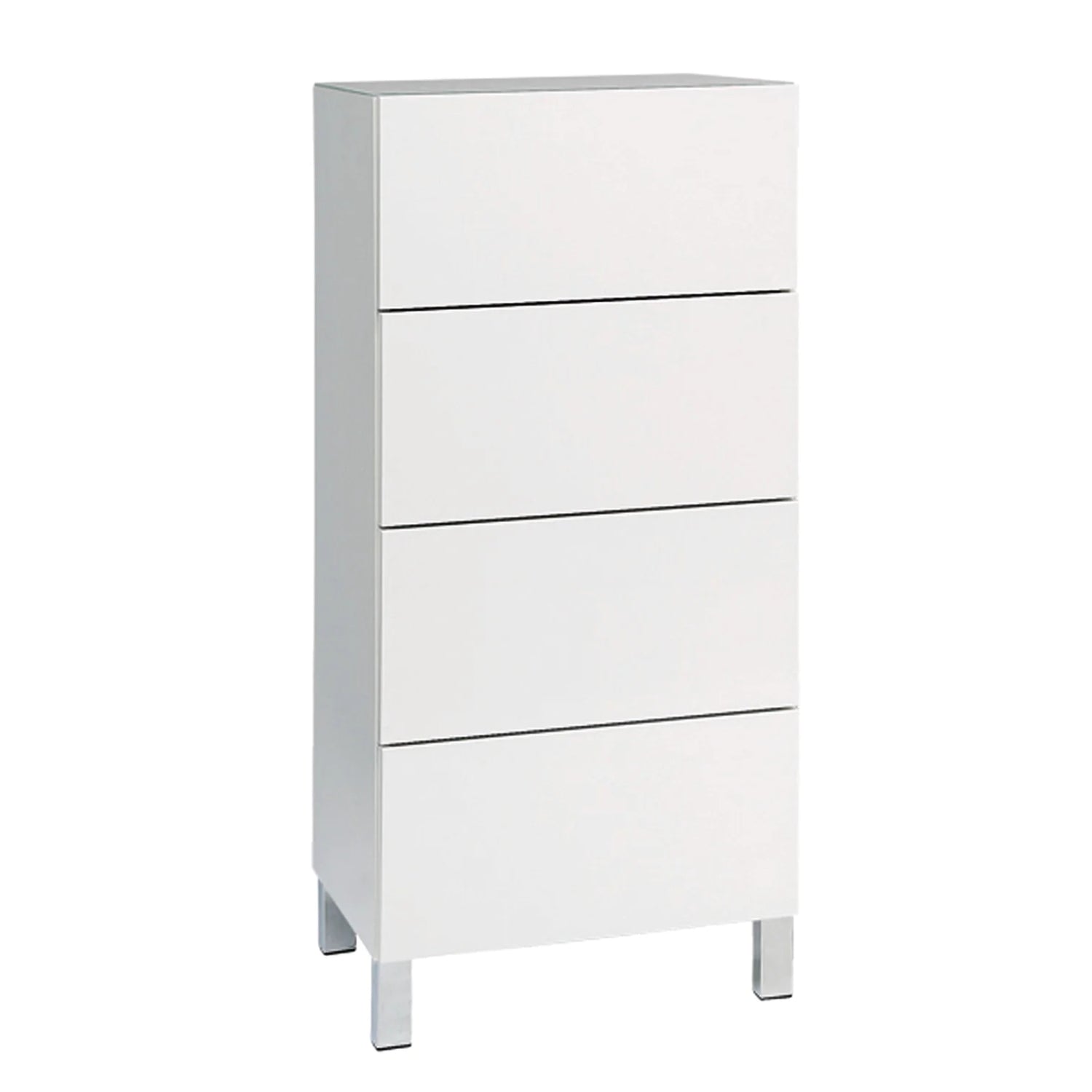 Kuvassa on 46 cm leveä korkeakiiltovalkoinen Lumo-lipasto hopeanvärisillä alumiinijaloilla. Sarjan tuotteissa on valkoinen lasikansi.