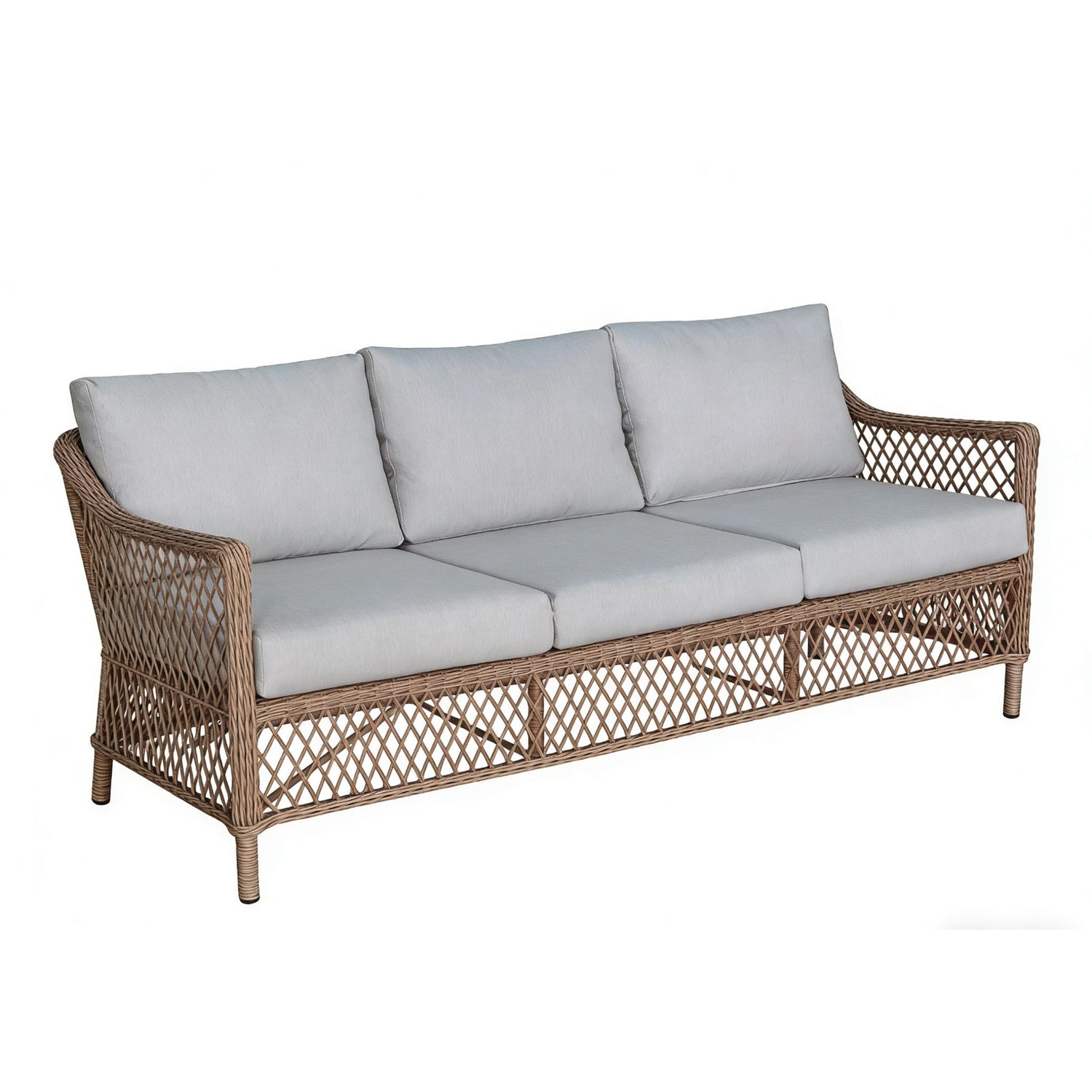 Alumiinirunkoisessa Lecco 3-istuttavassa sohvassa on luonnonvärinen punos ja kermanväriset pehmusteet.