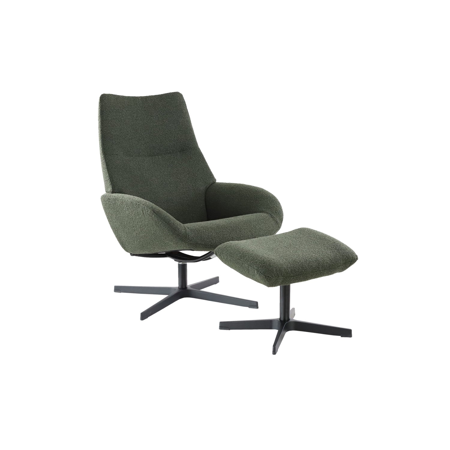 Kebe Lotus -tv-tuoli ja rahi vihreällä Alpine Forest 438 -kangasverhoilulla ja mustalla Vision -ristikkojalalla. Settiin kuuluu optimaalisena jalkatukena toimiva rahi.