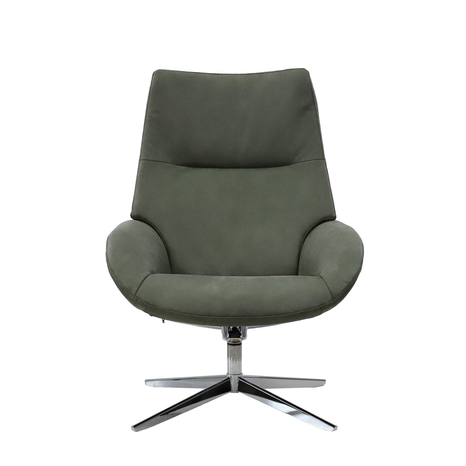 Kuvassa on Kebe Lotus -tv-tuoli oliivinvihreällä Bull Thyme 573 -nahkaverhoilulla ja krominvärisellä Bossa -ristikkojalalla.