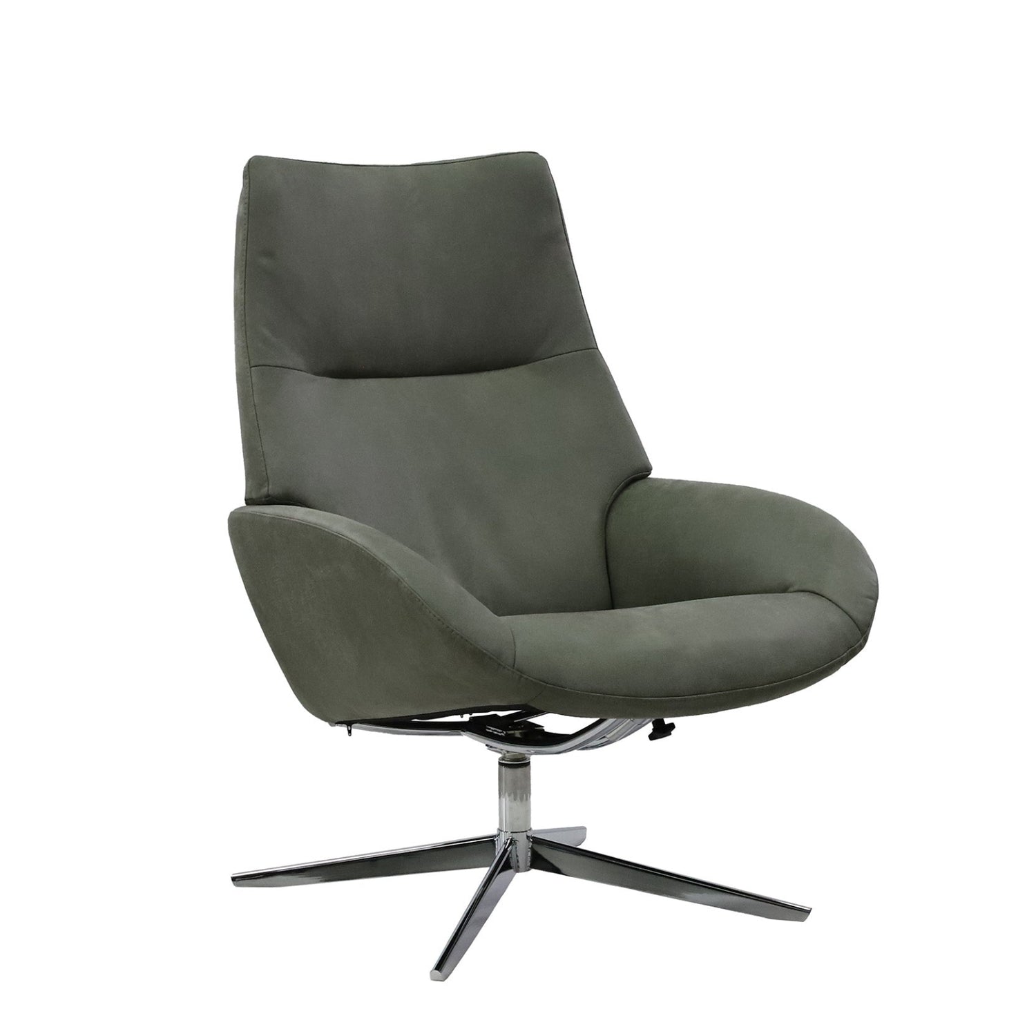 Kuvassa on Kebe Lotus -tv-tuoli oliivinvihreällä Bull Thyme 573 -nahkaverhoilulla ja krominvärisellä Bossa -ristikkojalalla.