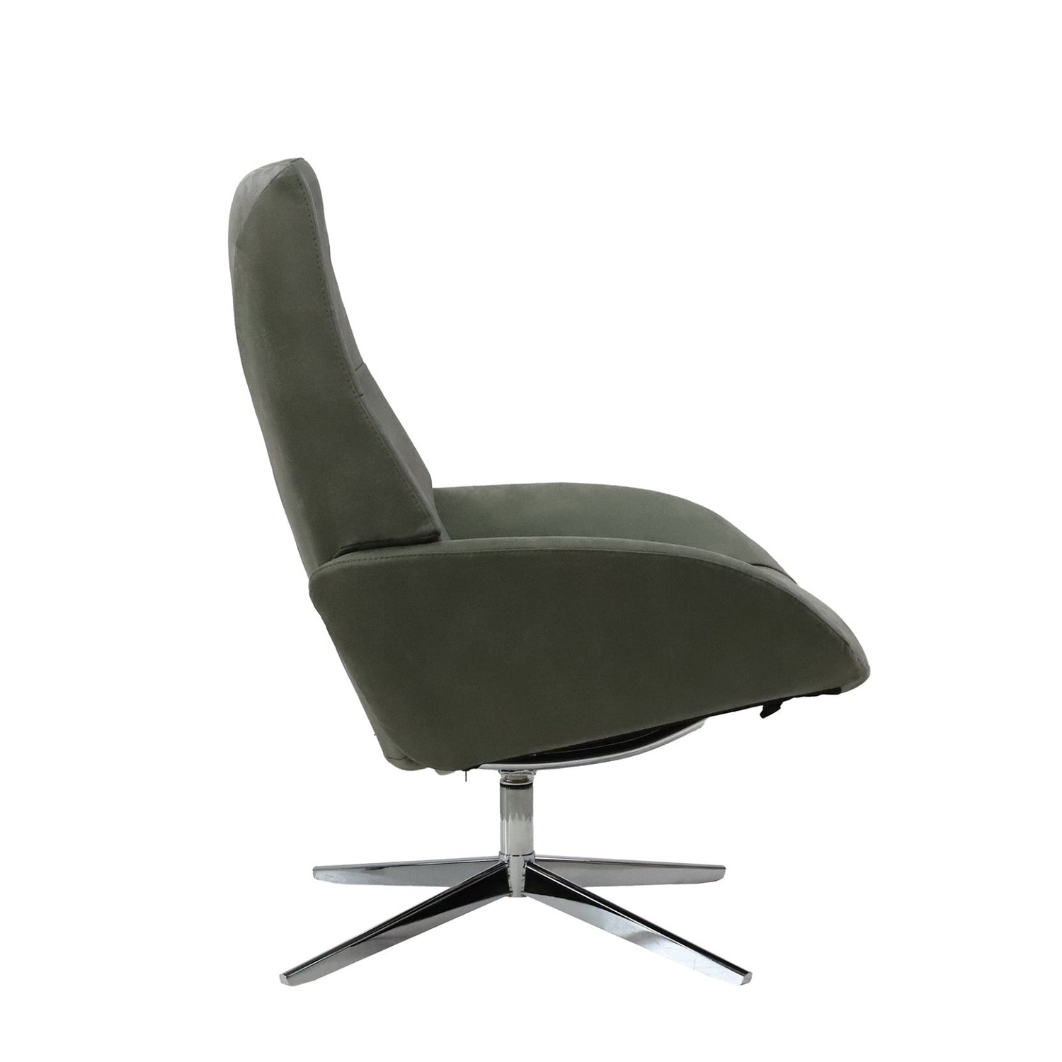 Kuvassa on Kebe Lotus -tv-tuoli oliivinvihreällä Bull Thyme 573 -nahkaverhoilulla ja krominvärisellä Bossa -ristikkojalalla.