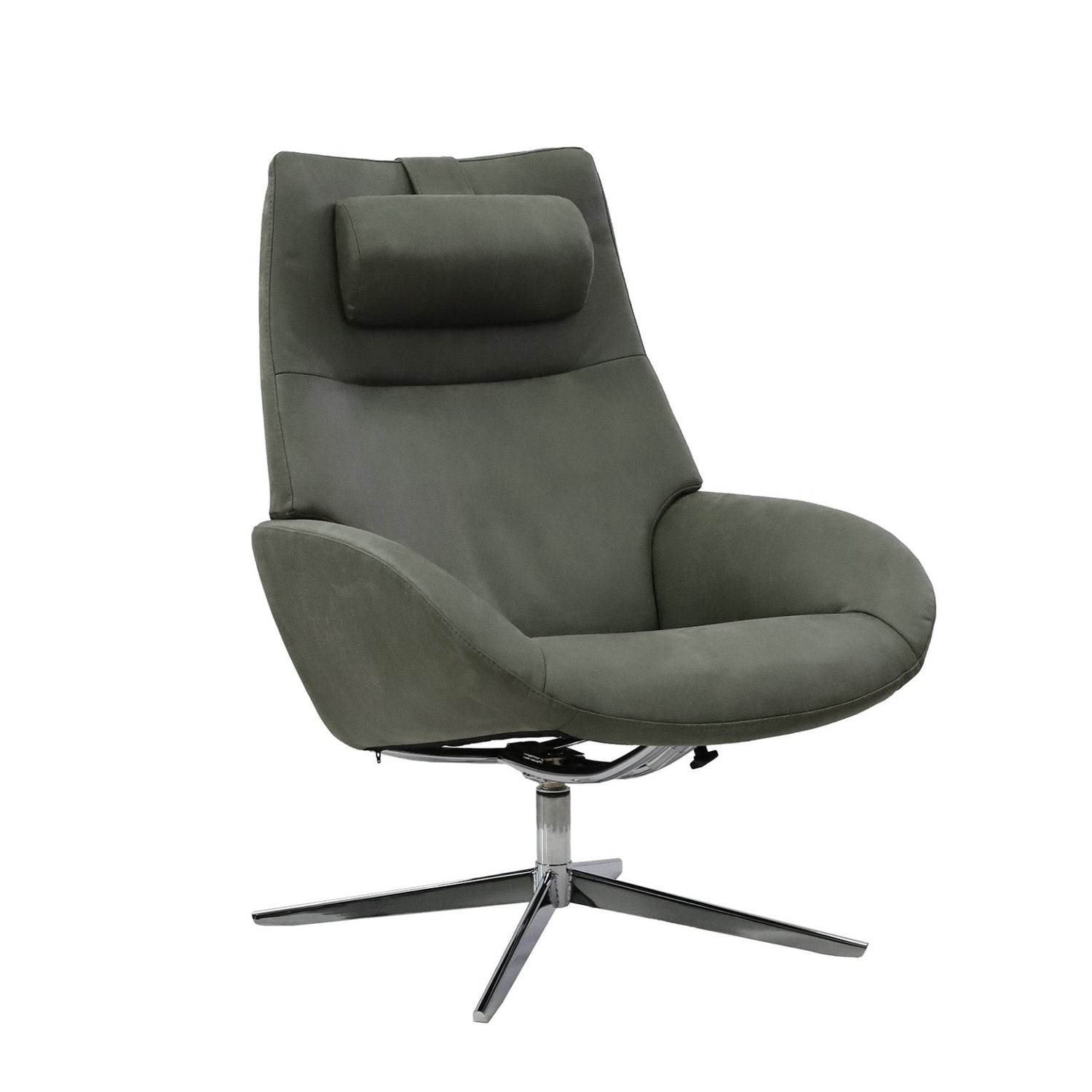 Kuvassa on Kebe Lotus -tv-tuoli oliivinvihreällä Bull Thyme 573 -nahkaverhoilulla ja krominvärisellä Bossa -ristikkojalalla. Kuvan niskatyyny myydään erikseen.