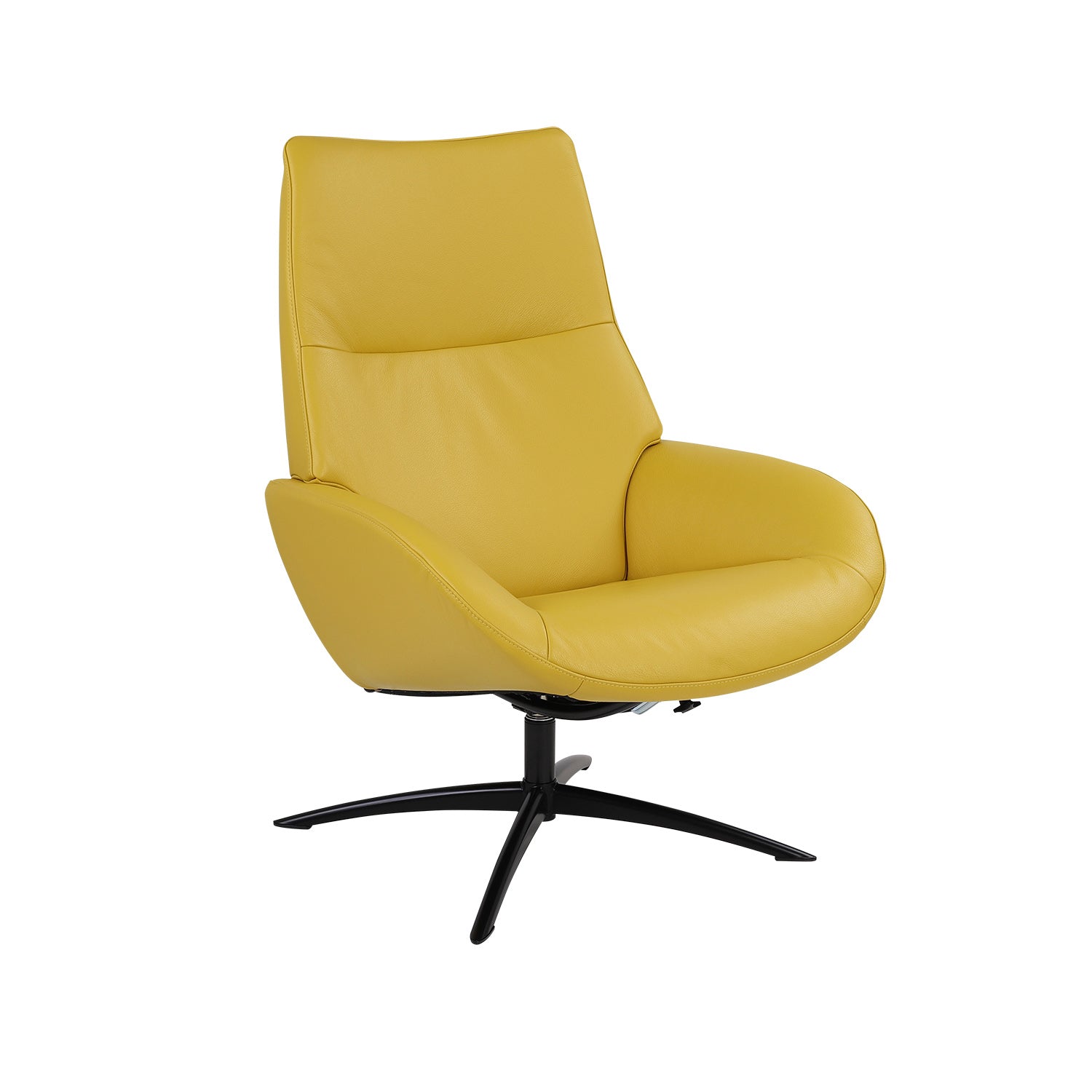 Kebe Lotus -nojatuoli keltaisella Balder-nahkaverhoilulla ja mustalla Sub 4 -jalalla.