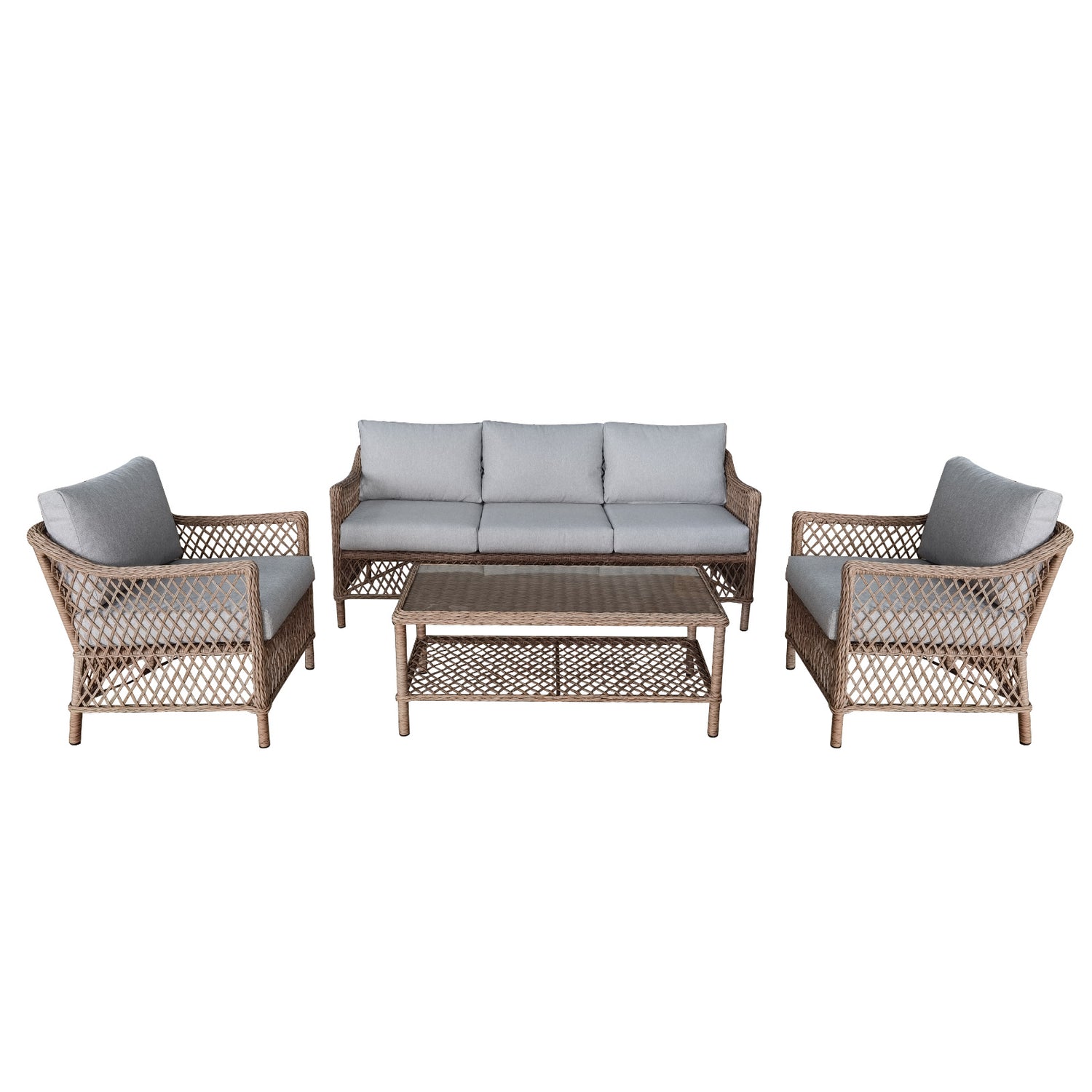 Alumiinirunkoisessa Lecco-kalustesetissä on luonnonvärinen punos ja kermanväriset pehmusteet.