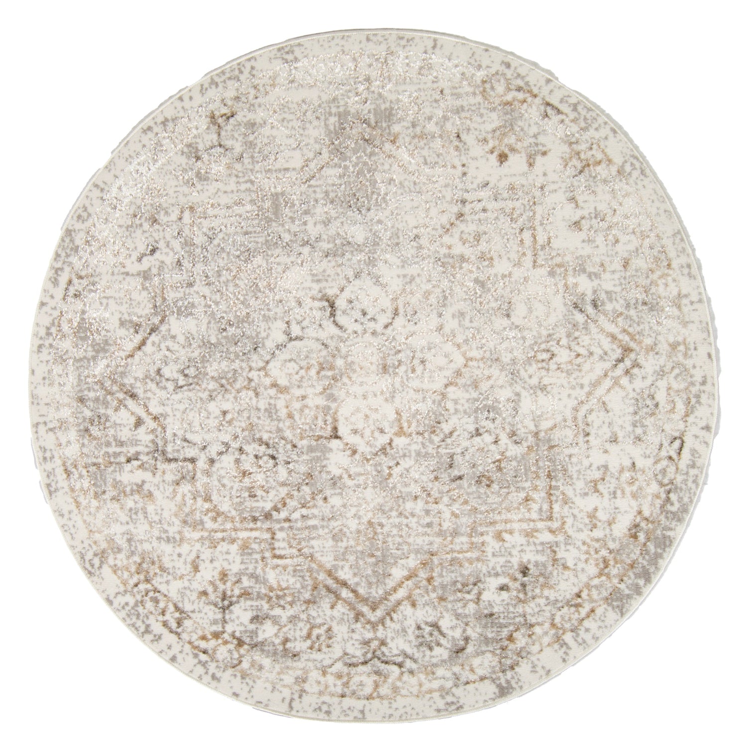 Pyöreä Luna-nukkamatto. Lyhytnukkaisessa valkoisen-beigen värisessä matossa on eripituiset nukat muodostamassa itämaisen kuosin.