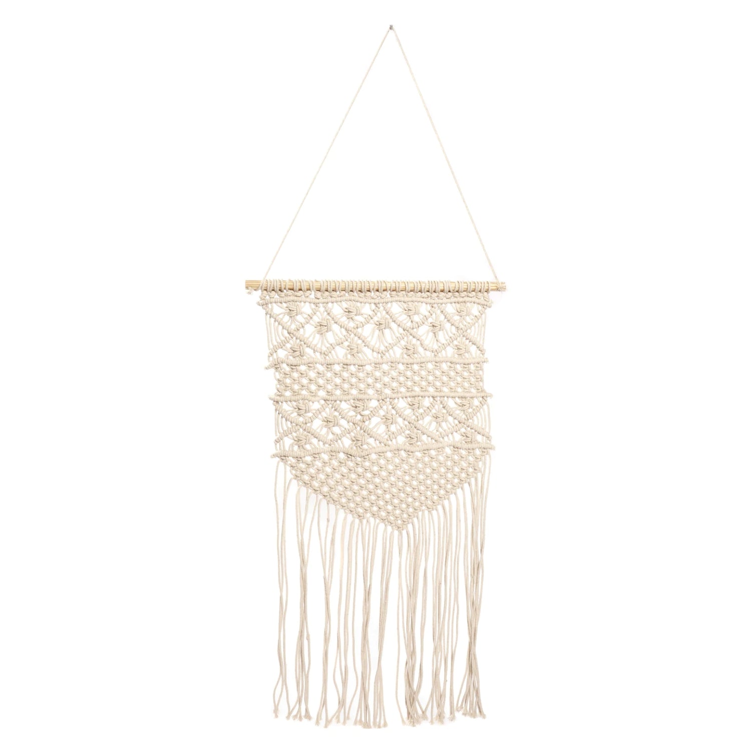 Luonnonvalkoinen Makrame-seinävaate 40 x 80 cm.