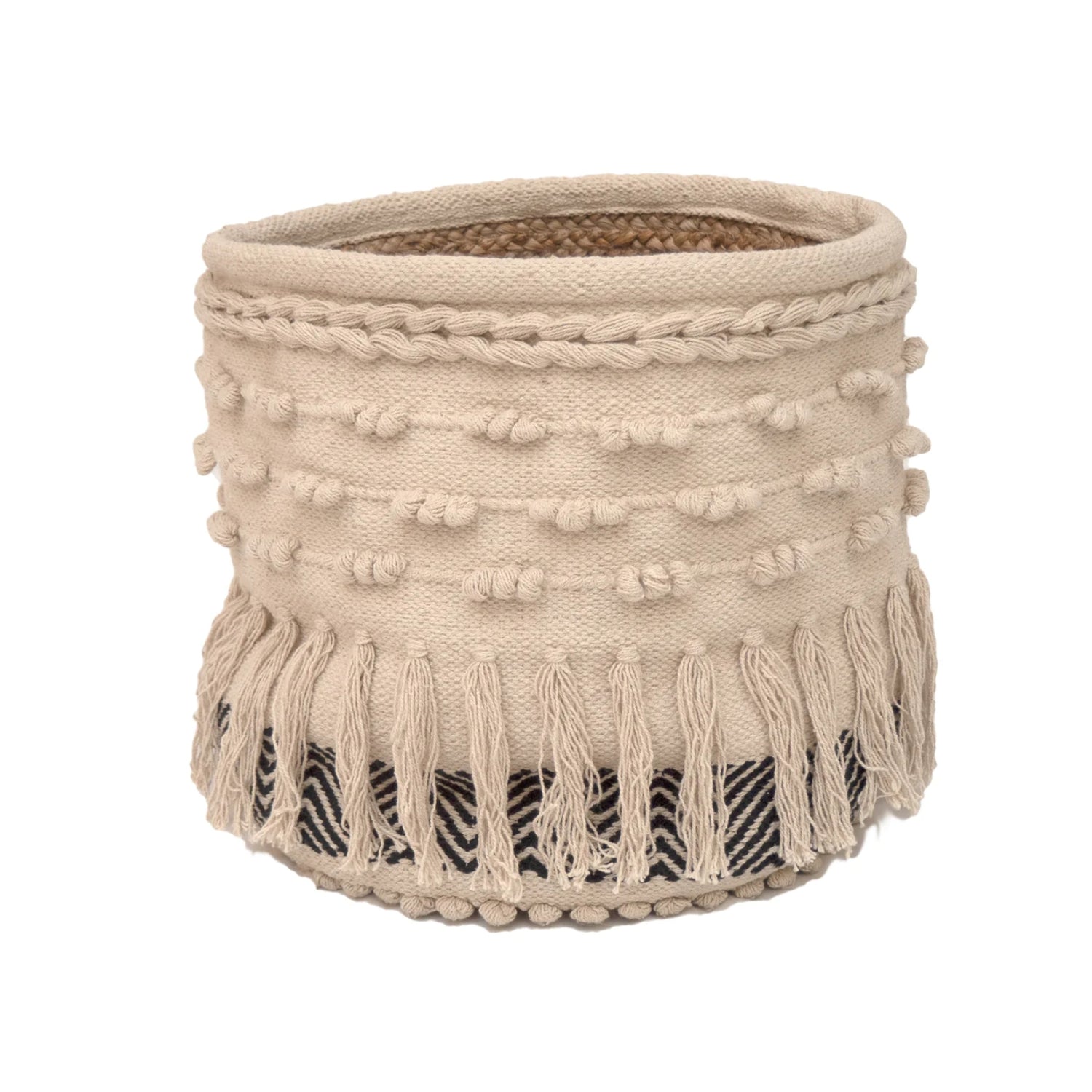 Mustavalkoinen Matilda-kori on luonnonvalkoisella kangaspäällysteellä ja mustalla koristereunalla. Korin napakka sisus on juuttia.