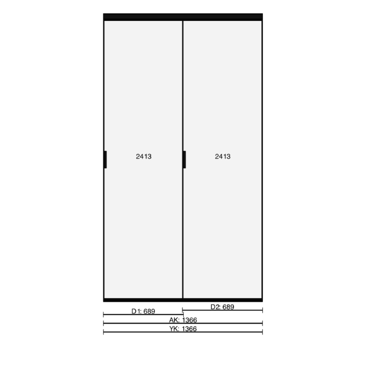 Tässä esimerkkikomerossa on kirkkaat peiliovet mustilla kehyksillä.