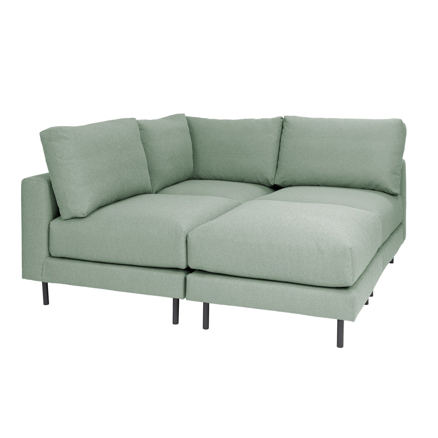 Manhattan-sohva vihreällä Bond-kankaalla. 80 x 80 cm rahi keskellä. Mustat tolppajalat 51150.