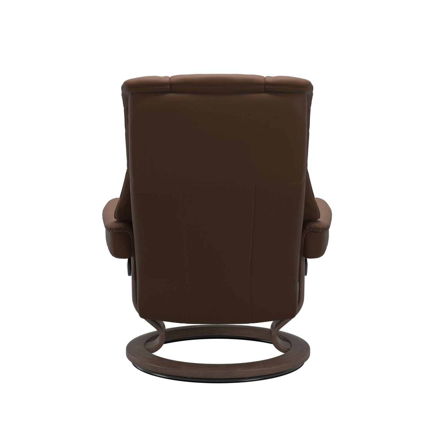 Stressless Mayfair M -lepotuoli ja rahi ruskeana: Warm Brown 87 Batick-nahkaverhoilulla ja pähkinä petsatulla -Classic-puujalustalla.