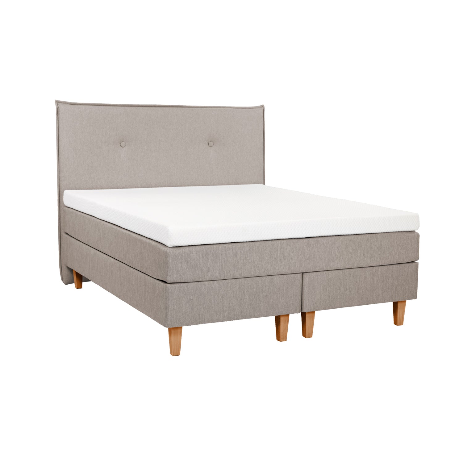 Beigenvärinen Ranta Ergo -jenkkisänky 160 x 200 cm viskoelastisella Meri Ergo XL -sijauspatjalla ja luonnonvärisillä Royal-tammijaloilla. Kuvan sängynpääty myydään erikseen.