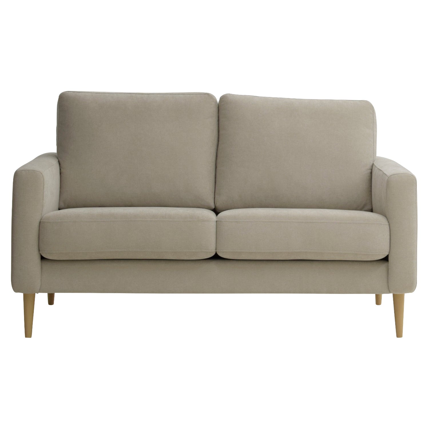 Kahden istuttava Mila-sohva hiekanväriselllä Feel 05 -kankaalla ja luonnonvärisillä pyöreäkartion mallisilla jaloilla.