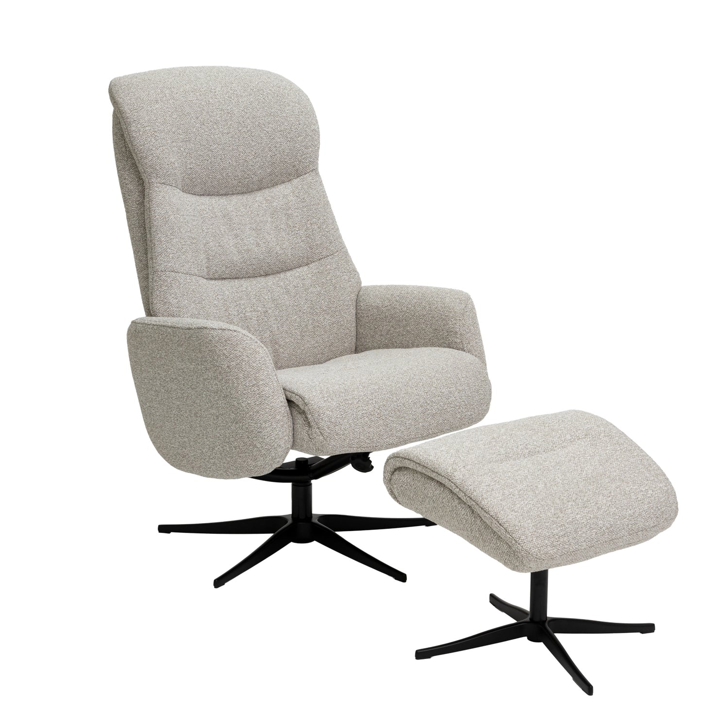 Vaalea beige Milla-recliner ja rahi mustalla alumiinijalalla. Pyörivässä tv-tuolissa on manuaaliset recliner-toiminnot.