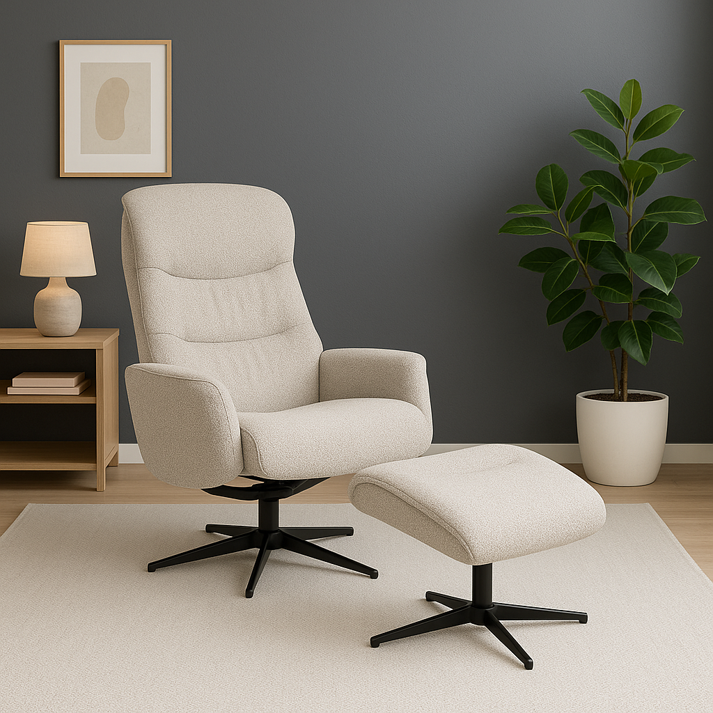 Vaalea beige Milla-recliner ja rahi mustalla alumiinijalalla. Pyörivässä tv-tuolissa on manuaaliset recliner-toiminnot. Stailattu visualisointi.