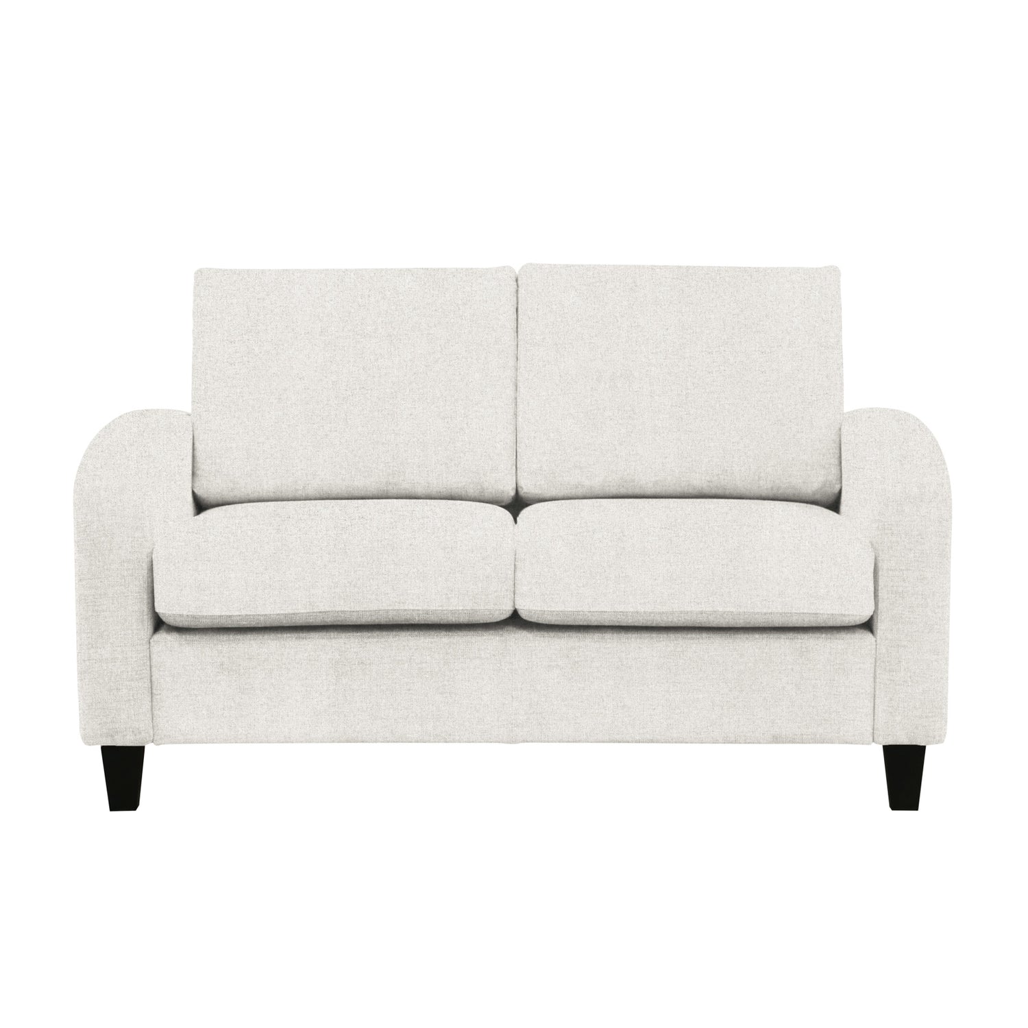 Monika 2-istuttava sohva vaalealla Oasis 01 -kangasverhoilulla. Sohvassa on kaarevat käsinojat ja wengen väriset puujalat.