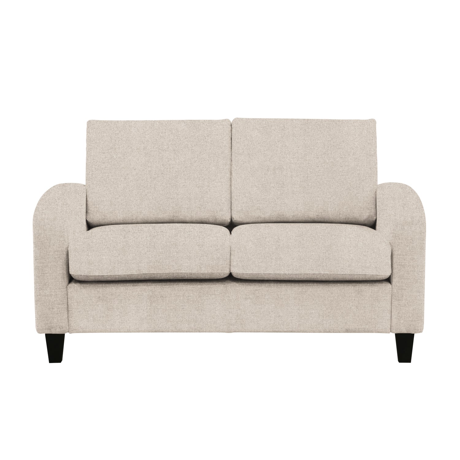 Monika 2-istuttava sohva beigellä Oasis 02 -kangasverhoilulla. Sohvassa on kaarevat käsinojat ja wengen väriset puujalat.