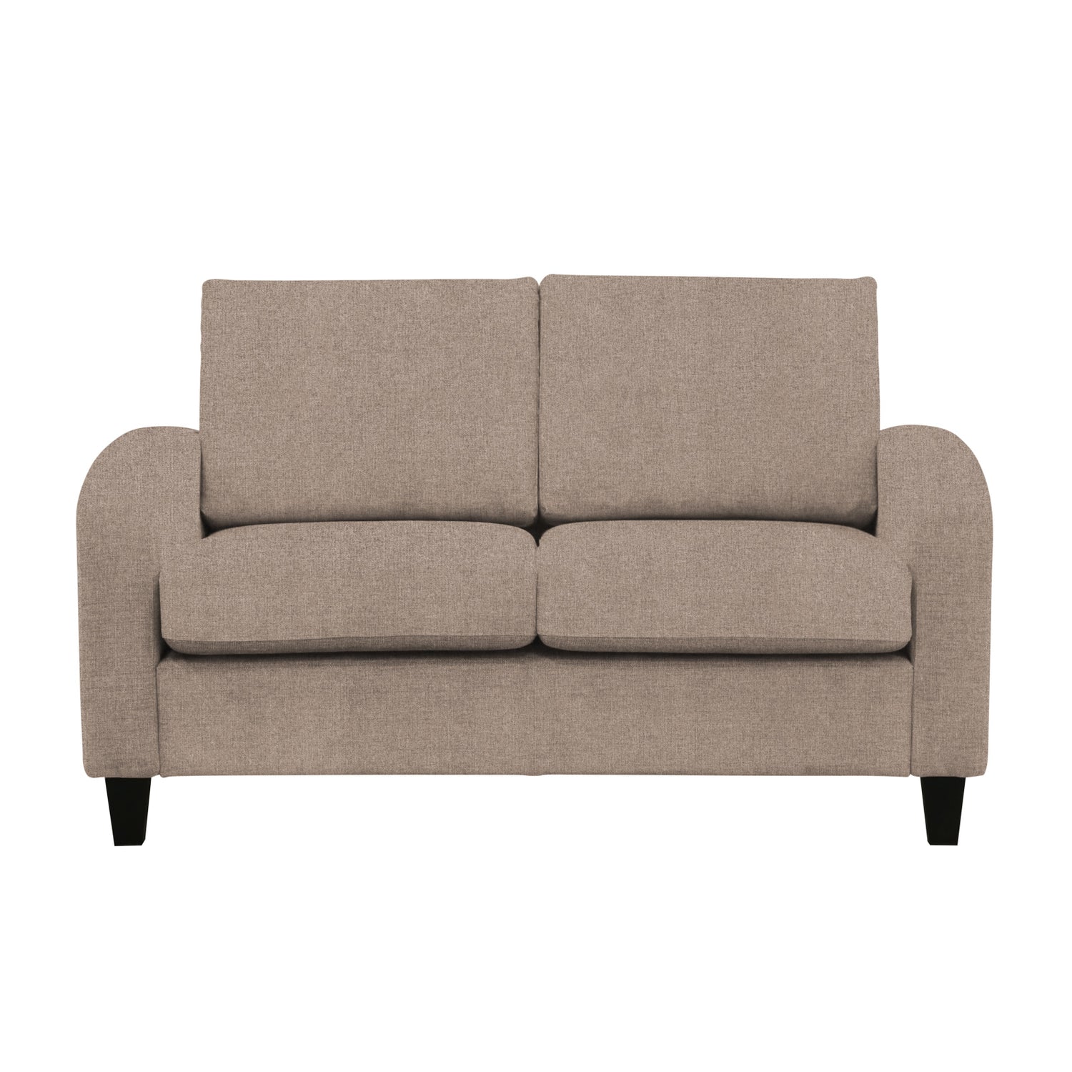 Monika 2-istuttava sohva tumman hiekanvärisellä Oasis 03 -kangasverhoilulla. Sohvassa on kaarevat käsinojat ja wengen väriset puujalat.