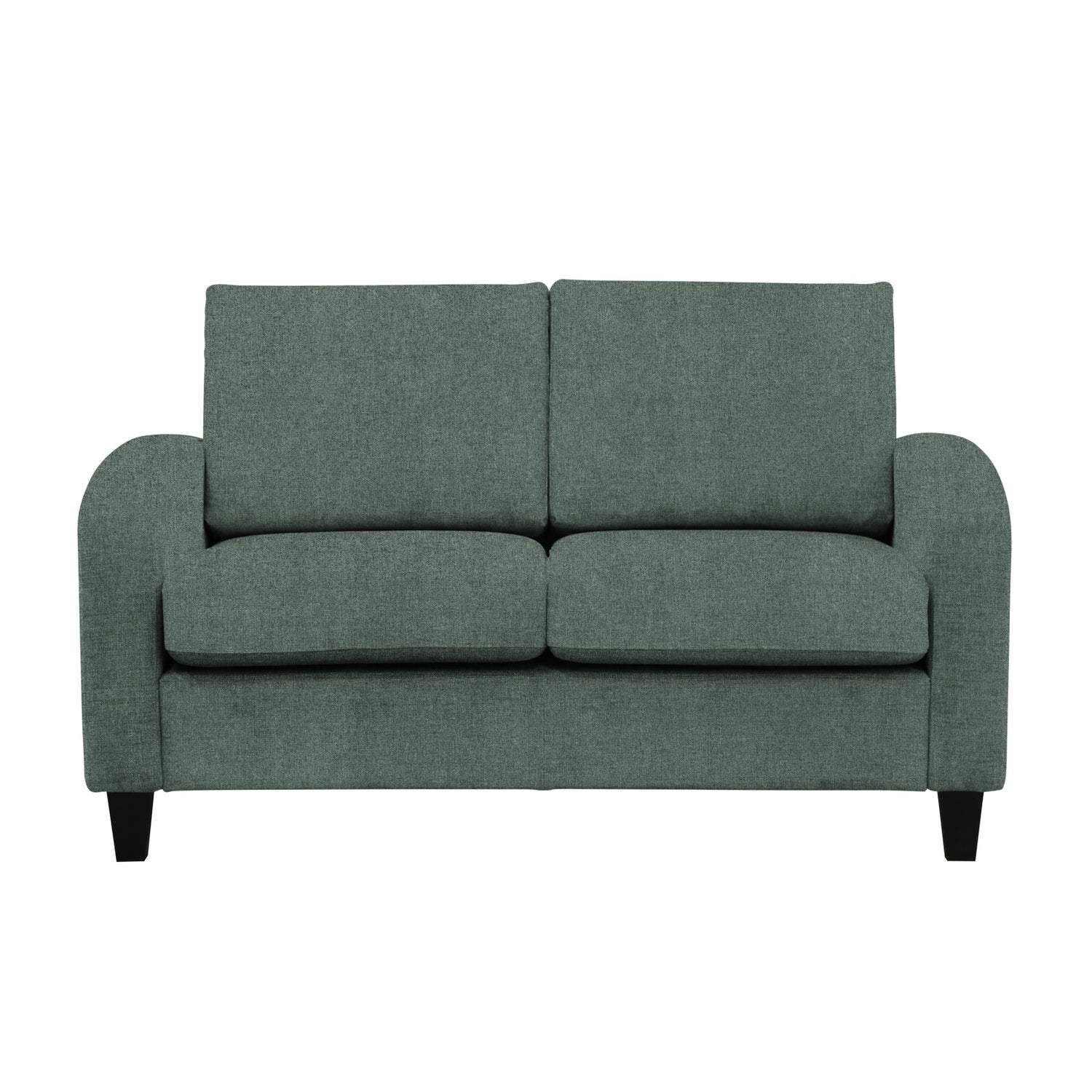 Monika 2-istuttava sohva vihreällä Oasis 10-kangasverhoilulla. Sohvassa on kaarevat käsinojat ja wengen väriset puujalat.