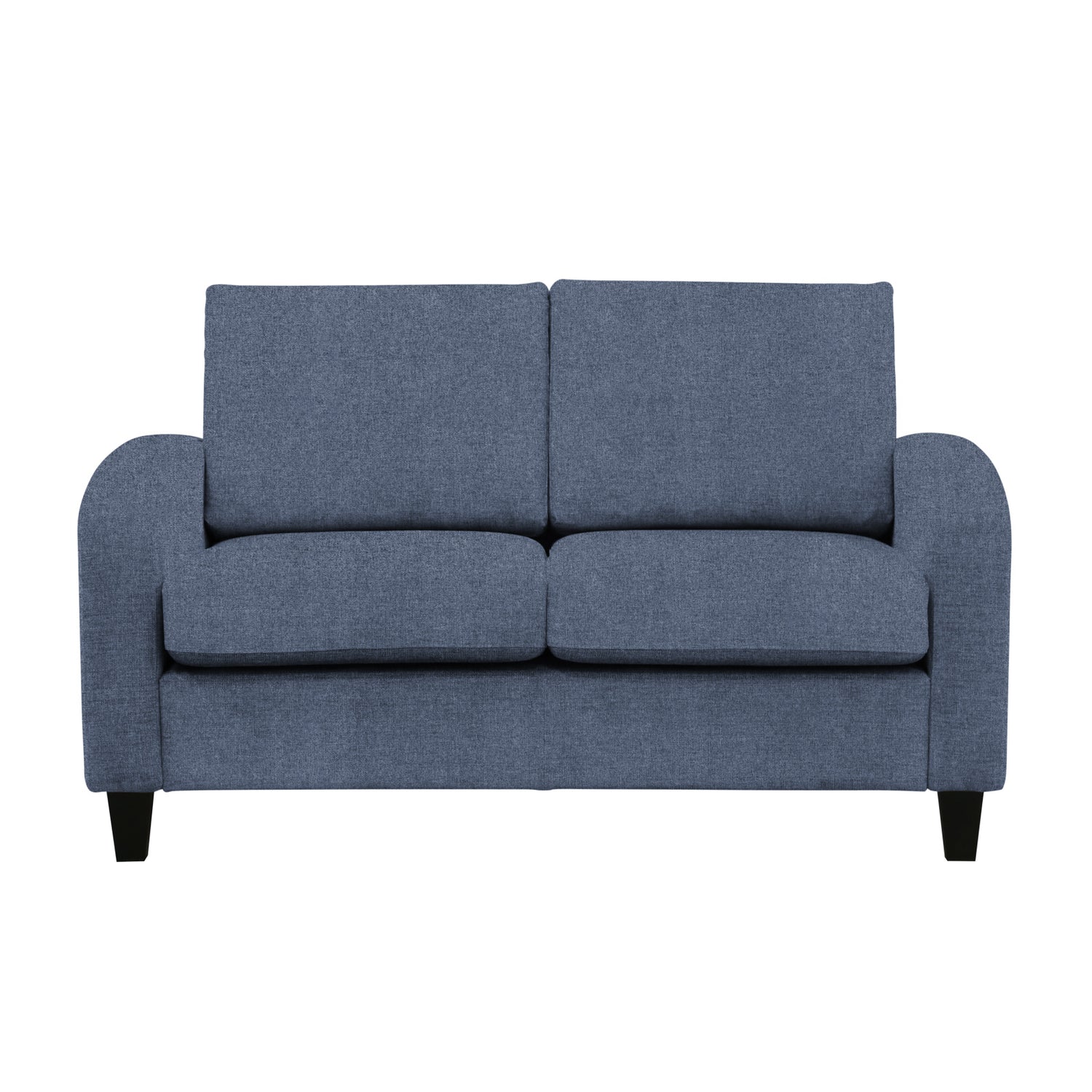 Monika 2-istuttava sohva sinisellä Oasis 12 -kangasverhoilulla. Sohvassa on kaarevat käsinojat ja wengen väriset puujalat.