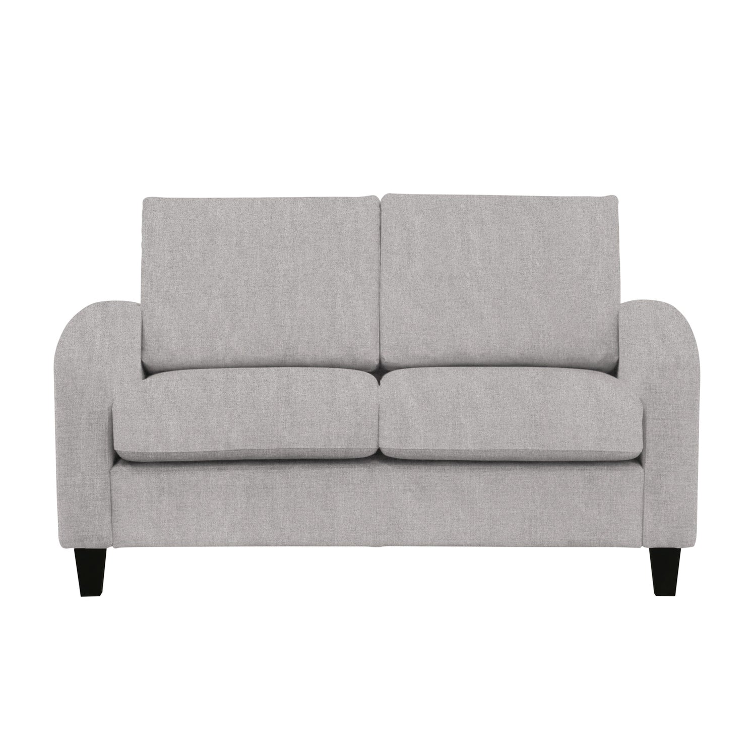 Monika 2-istuttava sohva harmaalla Oasis 15 -kangasverhoilulla. Sohvassa on kaarevat käsinojat ja wengen väriset puujalat.