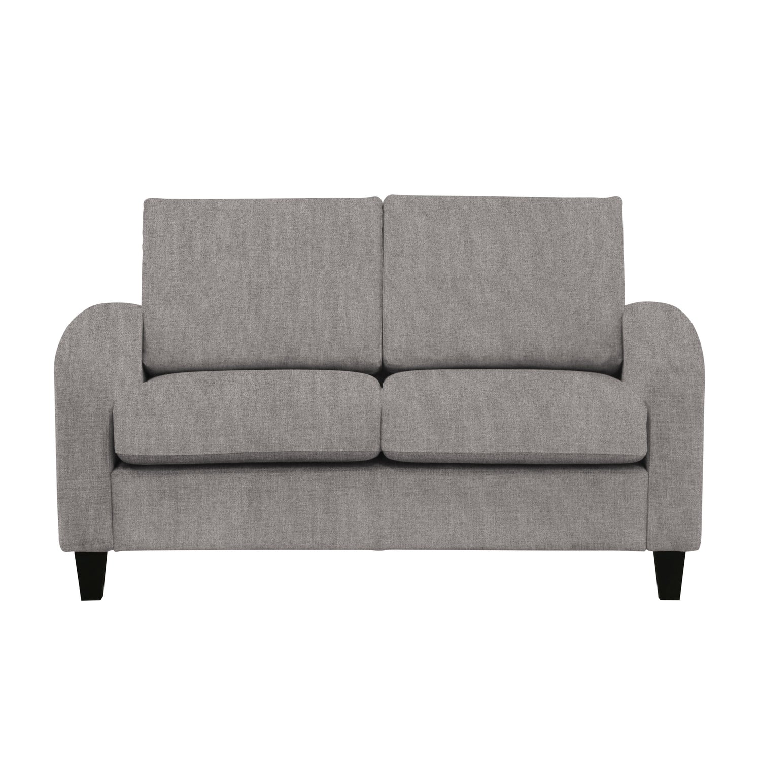 Monika 2-istuttava sohva tummanharmaalla Oasis 17 -kangasverhoilulla. Sohvassa on kaarevat käsinojat ja wengen väriset puujalat.