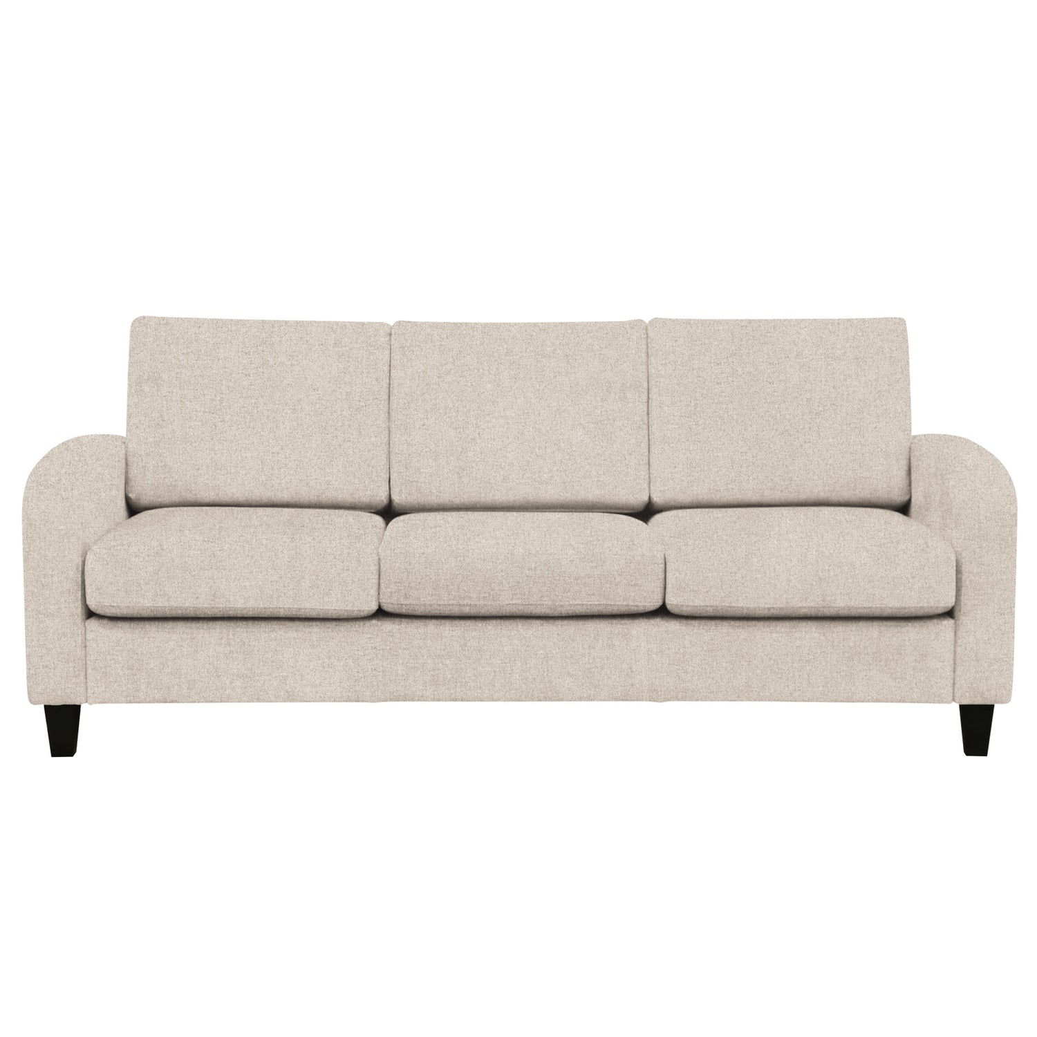 Monika 3-istuttava sohva beigellä Oasis 02 -kangasverhoilulla. Sohvassa on kaarevat käsinojat ja wengen väriset puujalat.